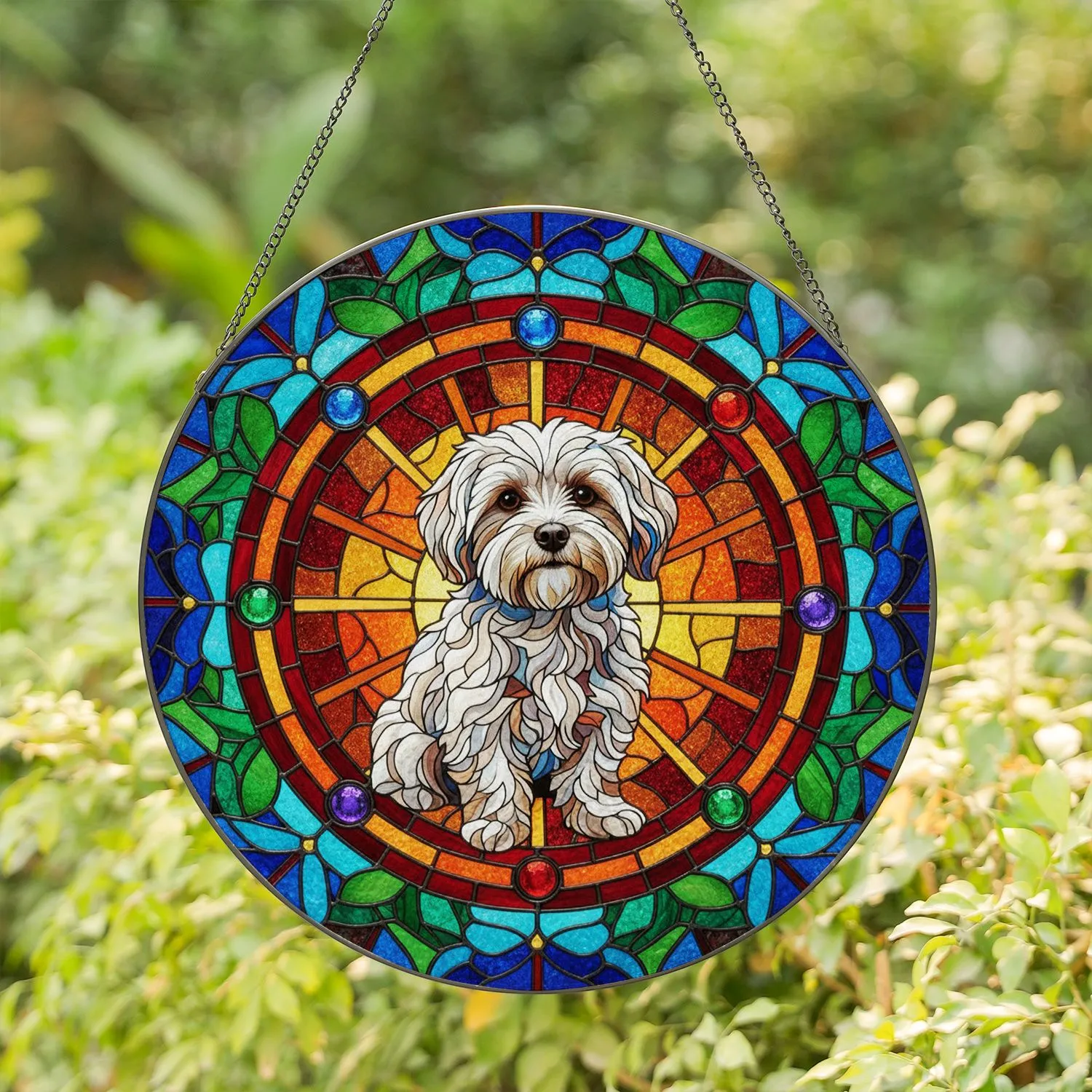 Pensive Maltese Dog Stained Glass Wagon Wheel - Home Decor Gift for Dog Lovers Stained Glass Suncatcher - 1