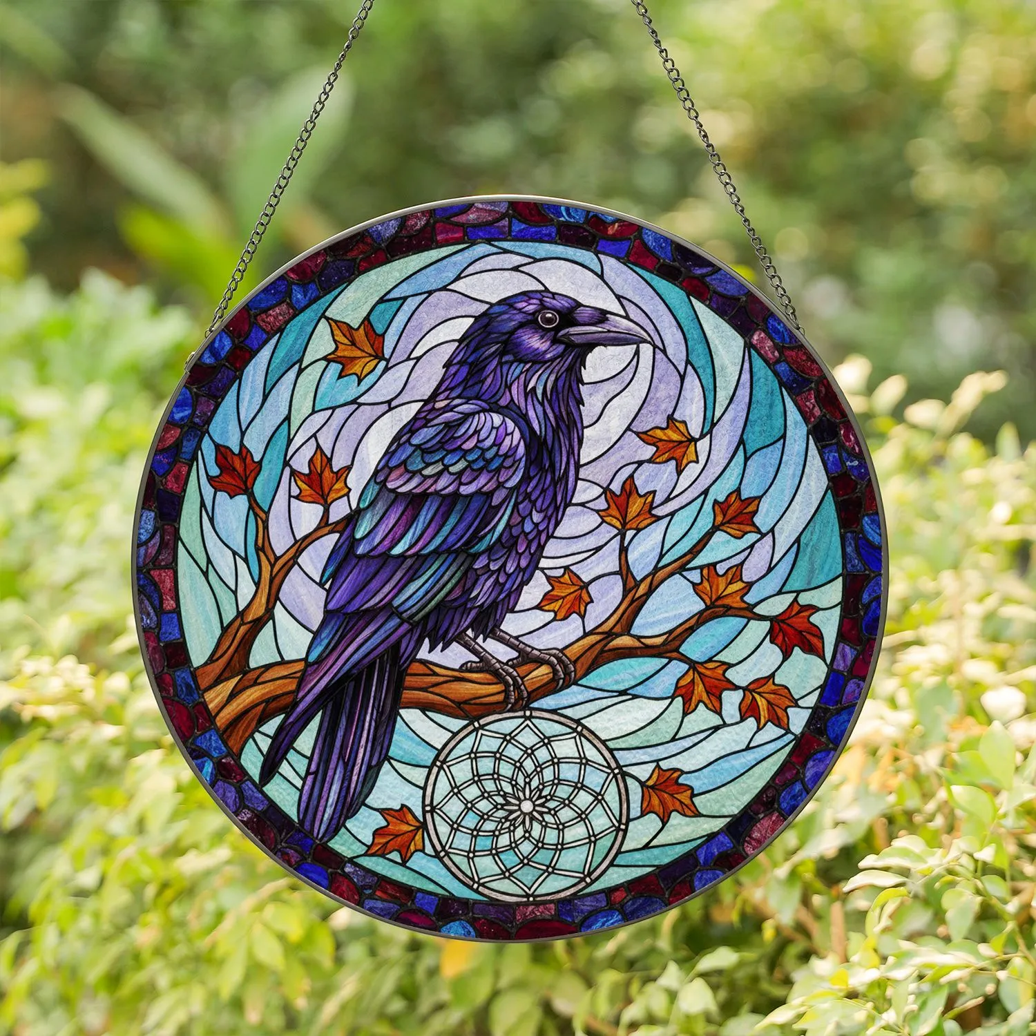 Dark Raven Gnarled Branch Autumn Leaves Dreamcatcher - Home Decor Gift for Bird Lovers Stained Glass Suncatcher - 1