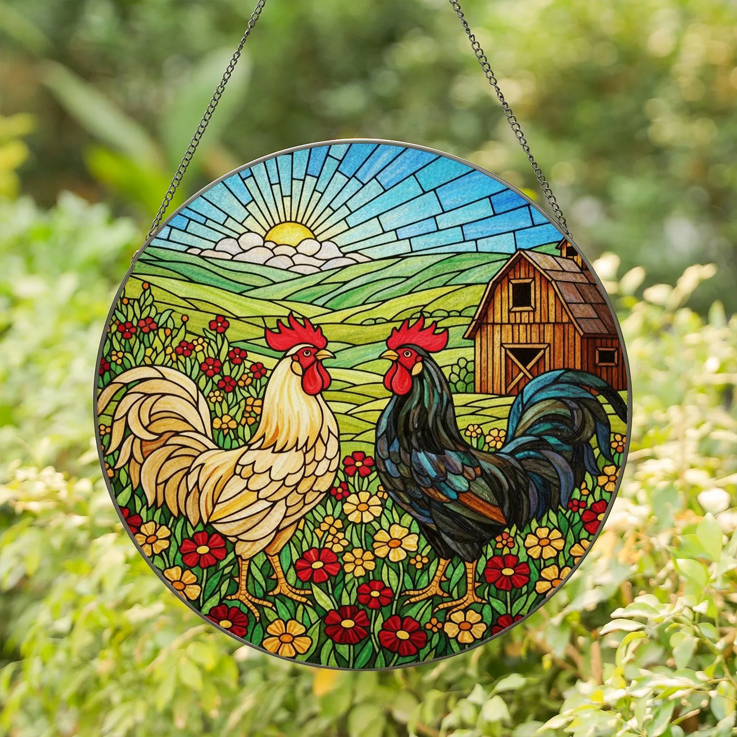 Stained Glass Roosters Rustic Barn Wildflowers - Farmhouse Decor Gift for Rooster Lover Stained Glass Suncatcher - 1