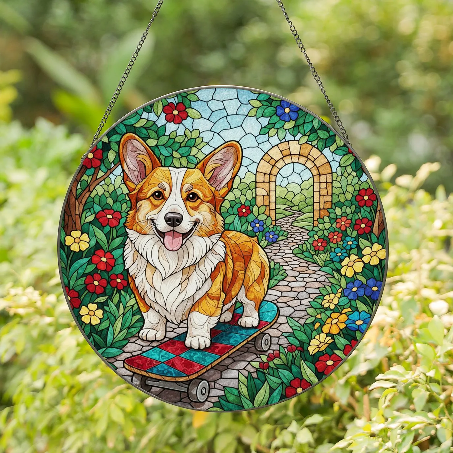 Joyful Corgi Skateboard Mosaic Serene Garden Path - Dog Lover Home Decor Gift Stained Glass Suncatcher - 1