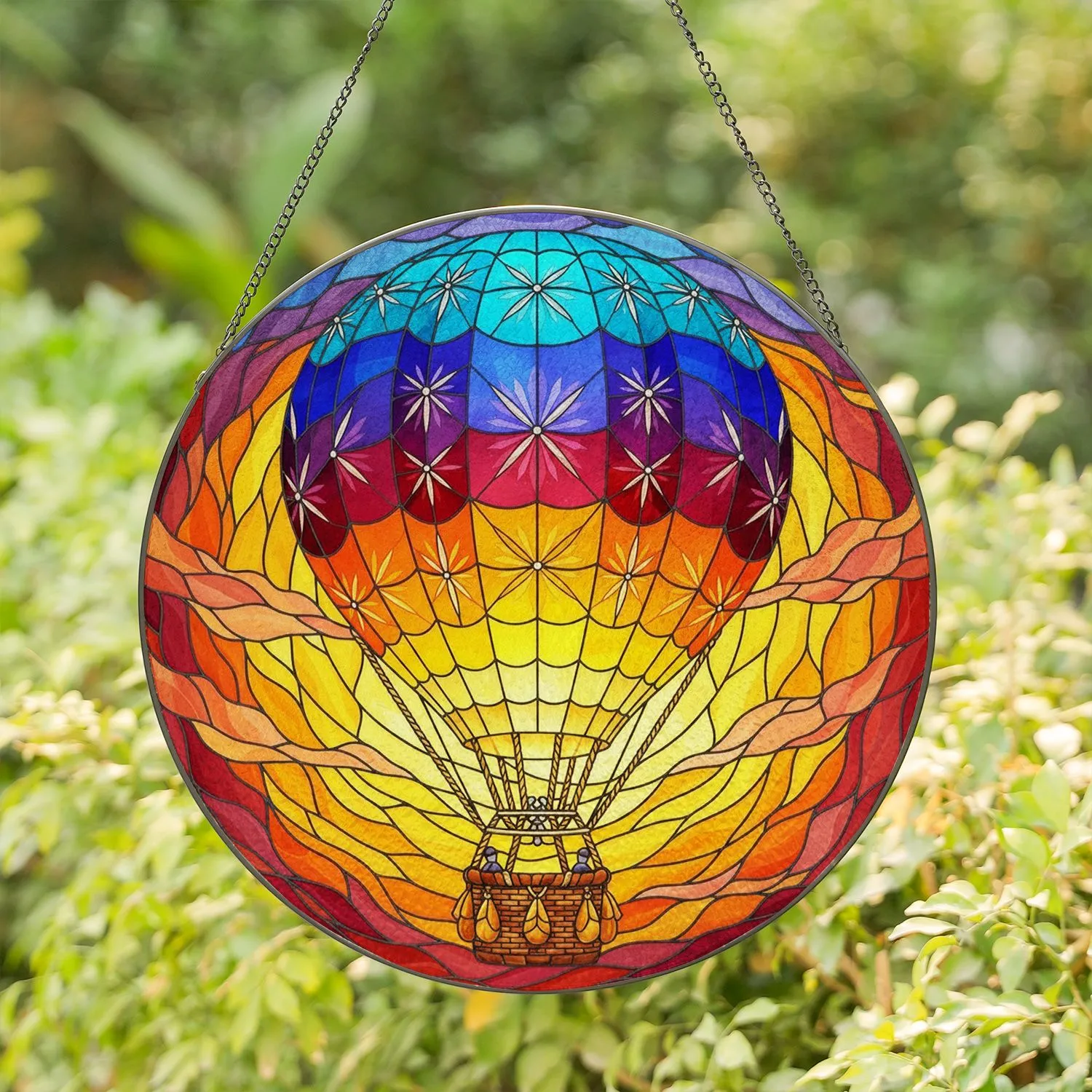 Ornate Hot Air Balloon Starburst Glowing Stained Glass - Home Decor Gift Stained Glass Suncatcher - 1
