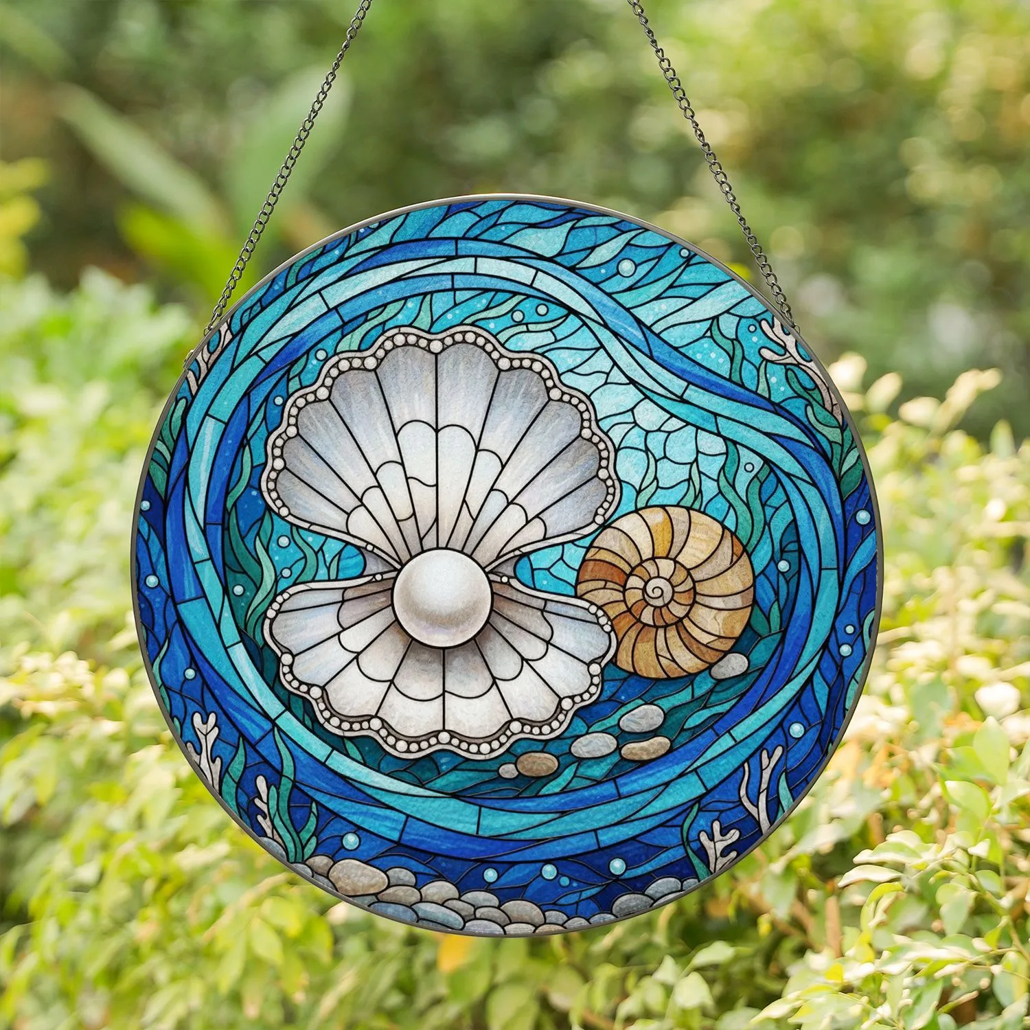 Pearl Oyster Shell Conch Shell Beach Pebbles Underwater Grotto - Ocean Lover Home Decor Gift Stained Glass Suncatcher - 1