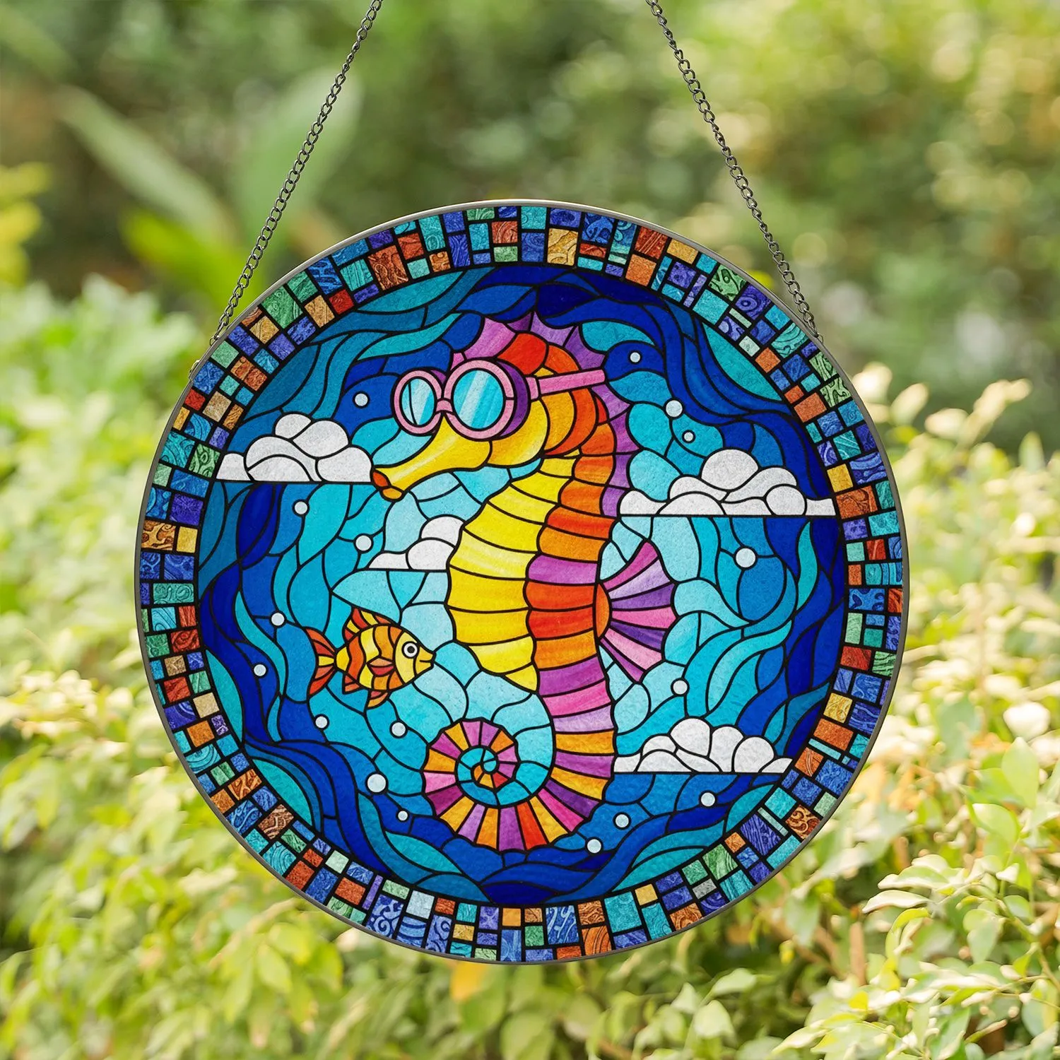 Seahorse Goggles Striped Fish Swirling Water Aquatic Scene - Ocean Lover Home Decor Gift Stained Glass Suncatcher - 1
