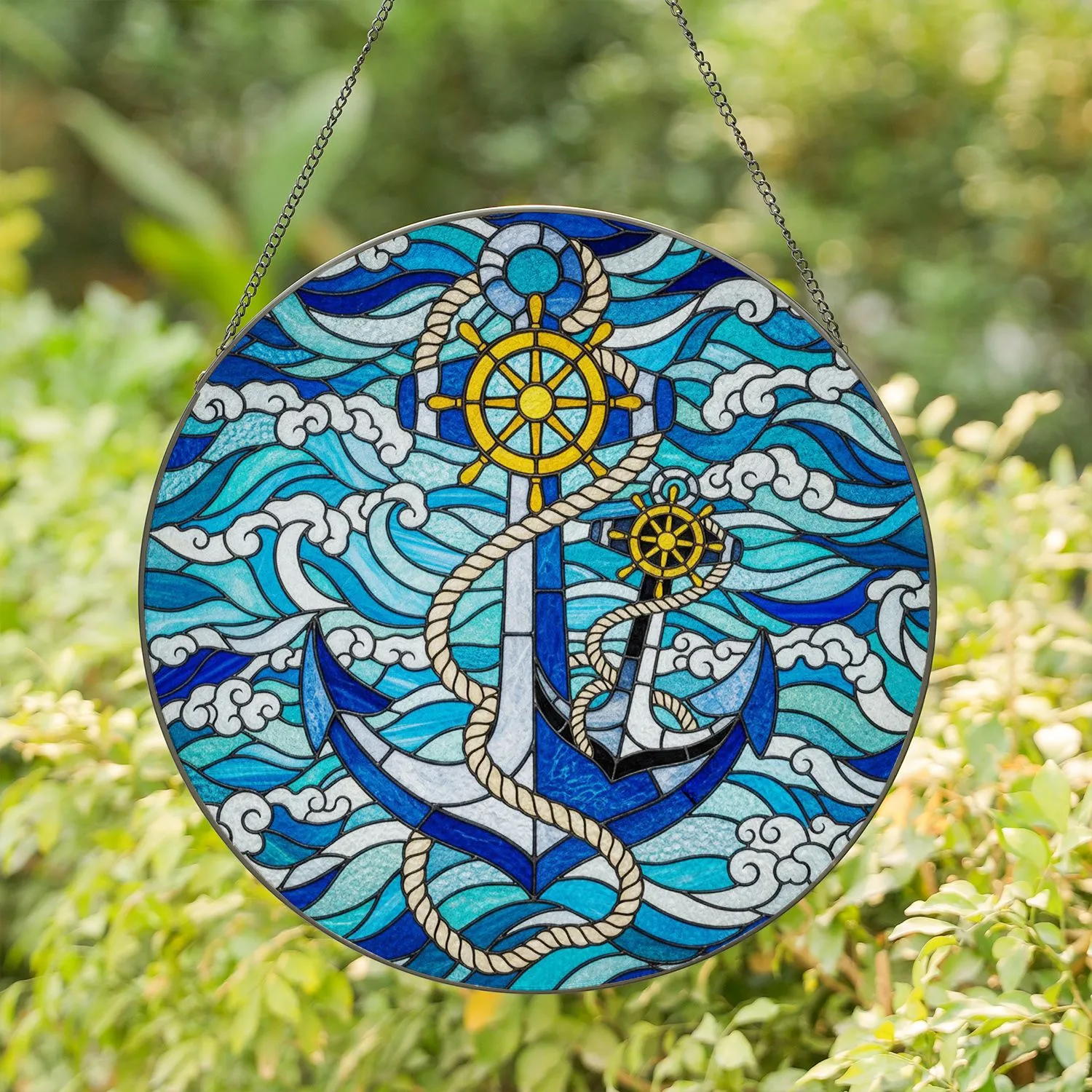 Anchor Ship Wheel Ocean Waves - Nautical Home Decor Gift Stained Glass Suncatcher - 1