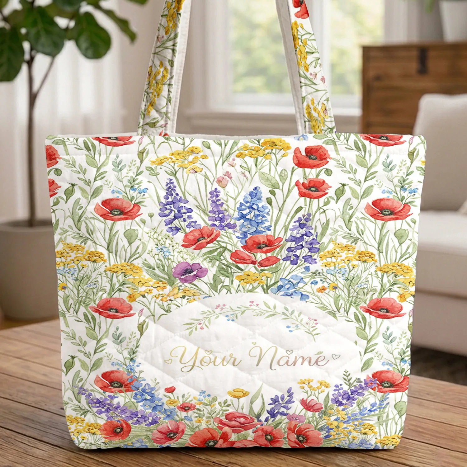 Poppies Delphiniums Lupines Floral Arrangement Wildflower Meadow Wreath Everyday Carry Gift Quilted Tote Bag - 1