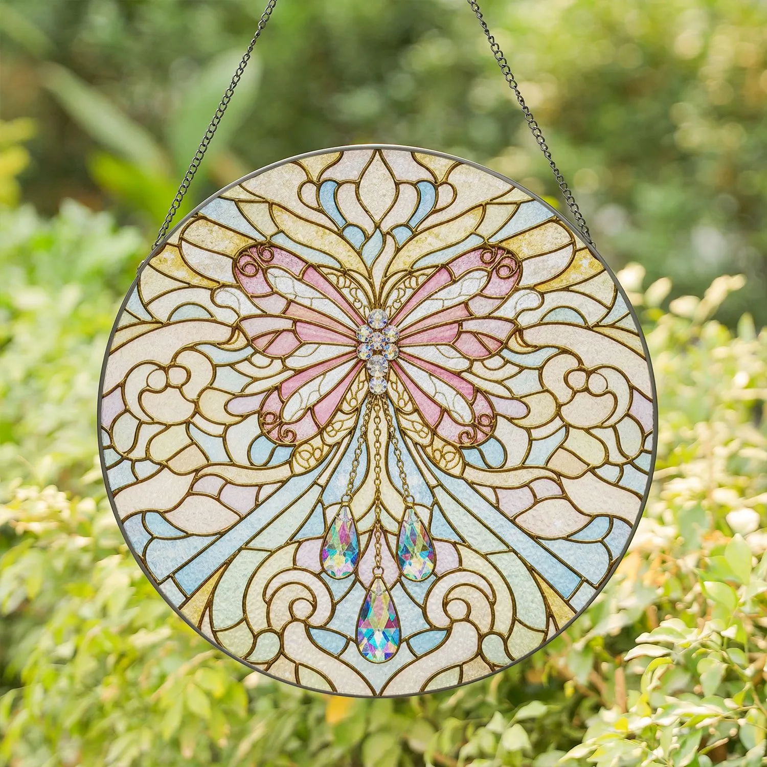 Shimmering Bow Butterfly Golden Filigree Crystal Teardrop Home Decor Gift Stained Glass Suncatcher - 1
