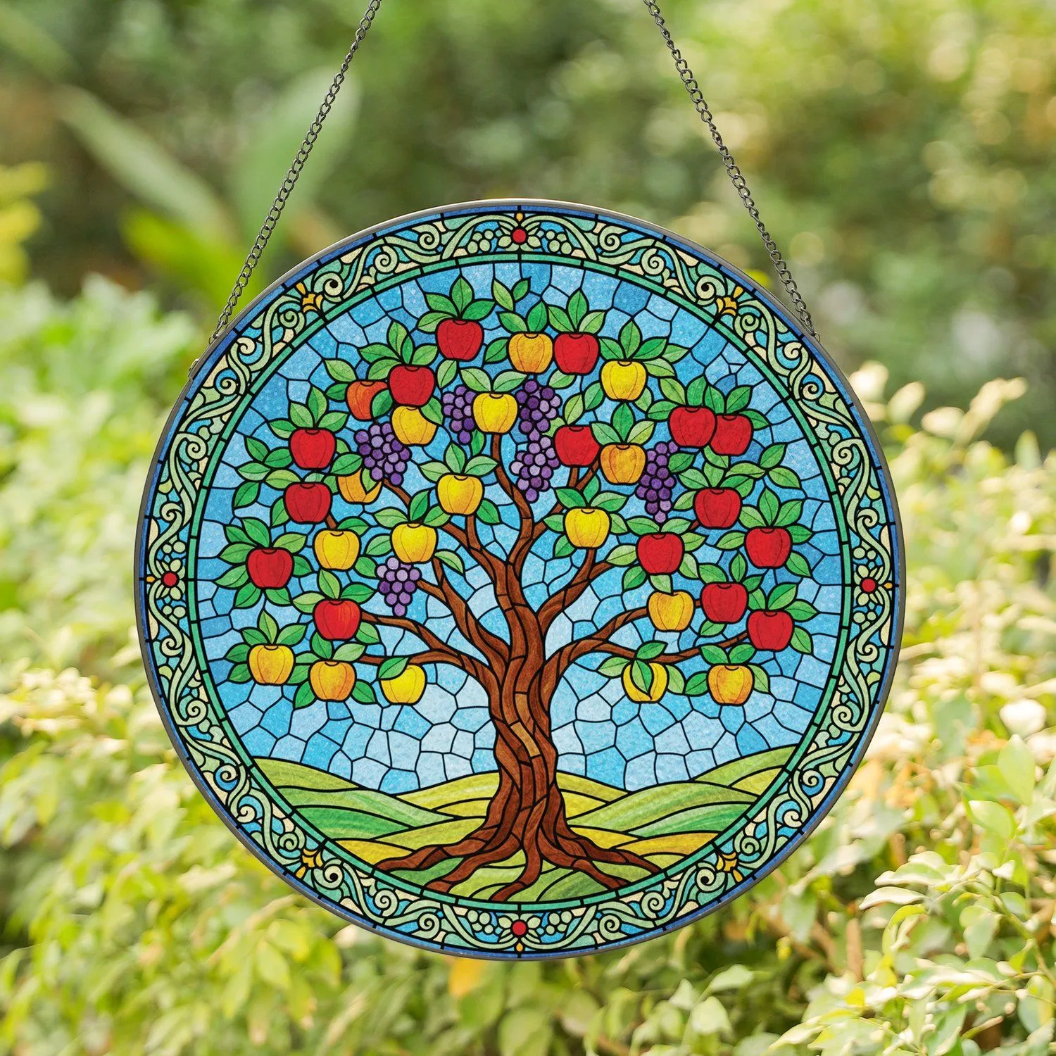 Glowing Translucent Stained Glass Fruit Tree Apples Grapes Mosaic Sky Landform Home Decor Gift Stained Glass Suncatcher - 1