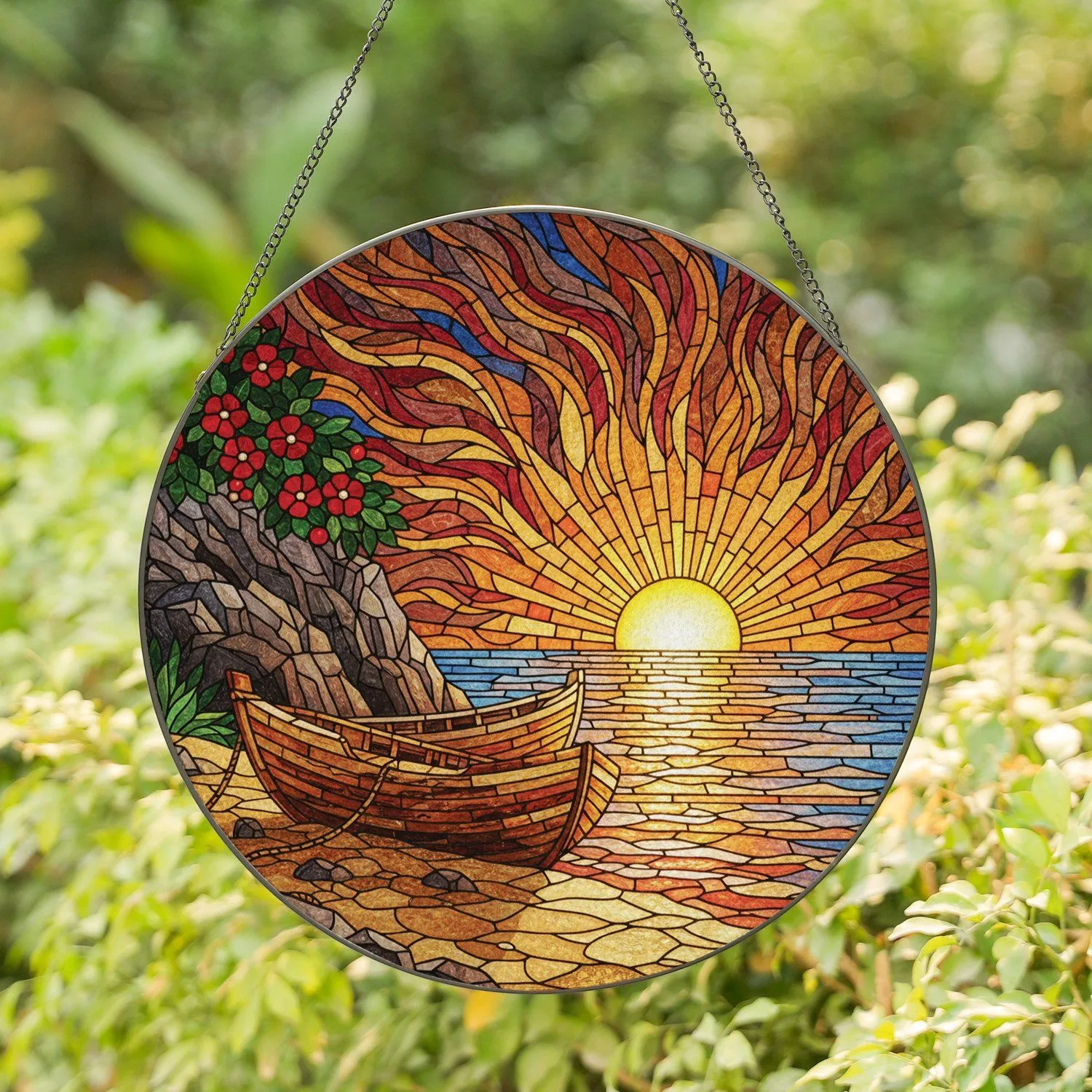 Rustic Wooden Fishing Boats Sunset Cliffs Ocean - Coastal Home Decor Gift for Ocean Lovers Stained Glass Suncatcher - 1