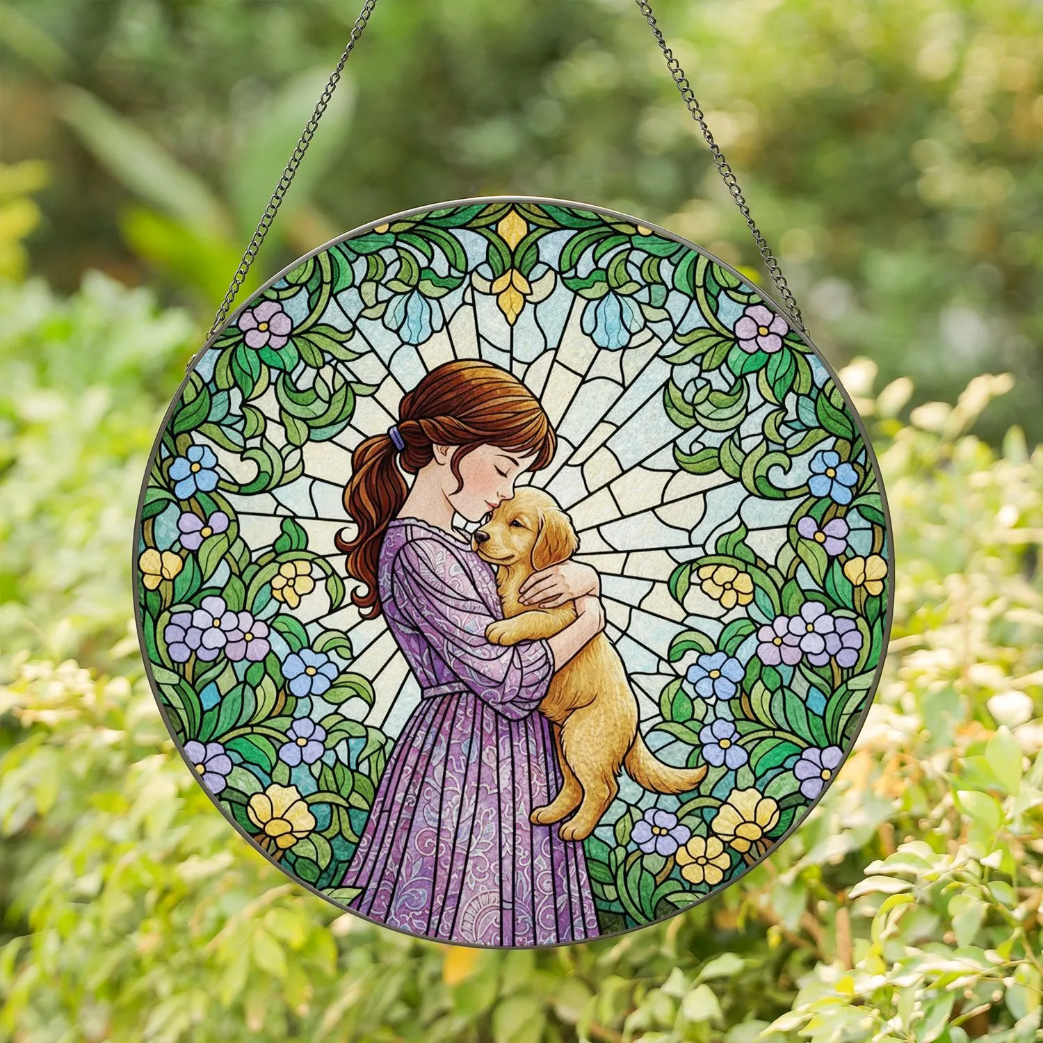 Young Girl Cradling Puppy, Blooming Flowers Lush Foliage Luminous Sky - Dog Lover Gift Stained Glass Suncatcher - 1