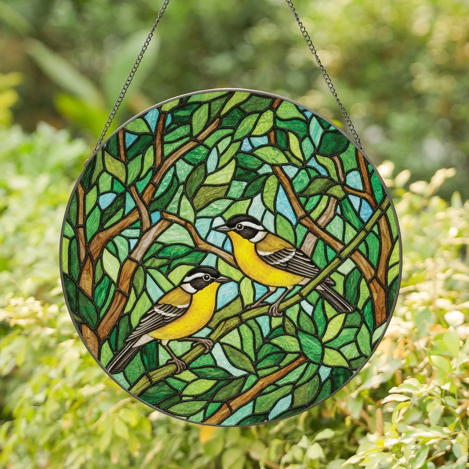 Yellow Warblers Birds Perched Foliage - Home Decor Gift for Bird Lovers Stained Glass Suncatcher - 1