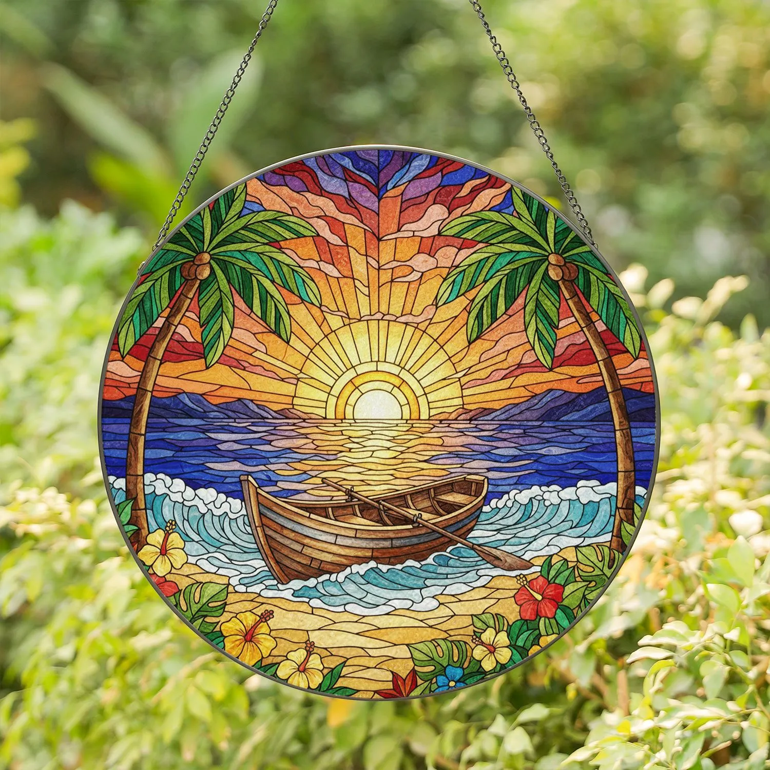 Dramatic Ocean Sunset Rowboat Beach Palm Trees - Home Decor Gift for Ocean Lover Stained Glass Suncatcher - 1