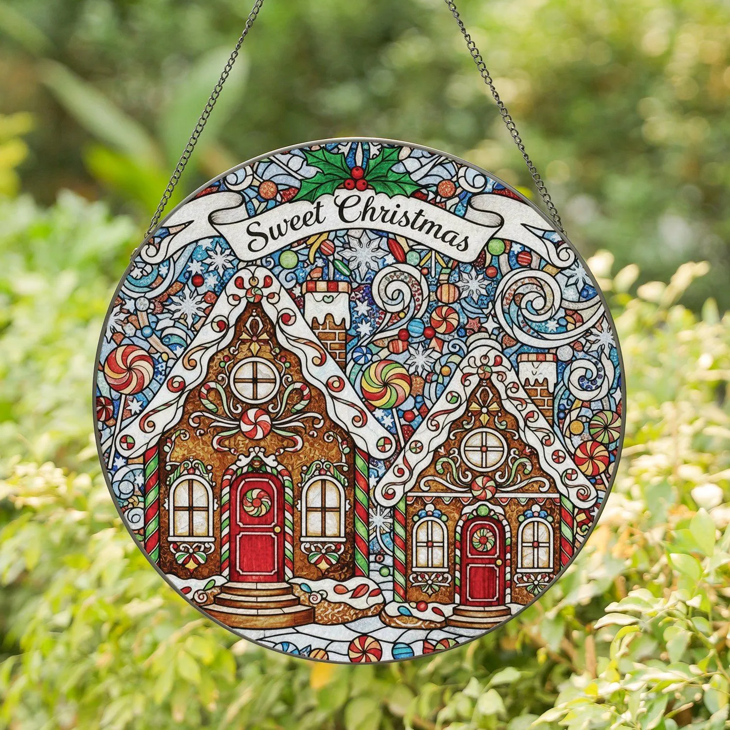 Gingerbread Houses Holly Candy Canes Winter Snowflakes - Christmas Home Decor Gift Stained Glass Suncatcher - 1