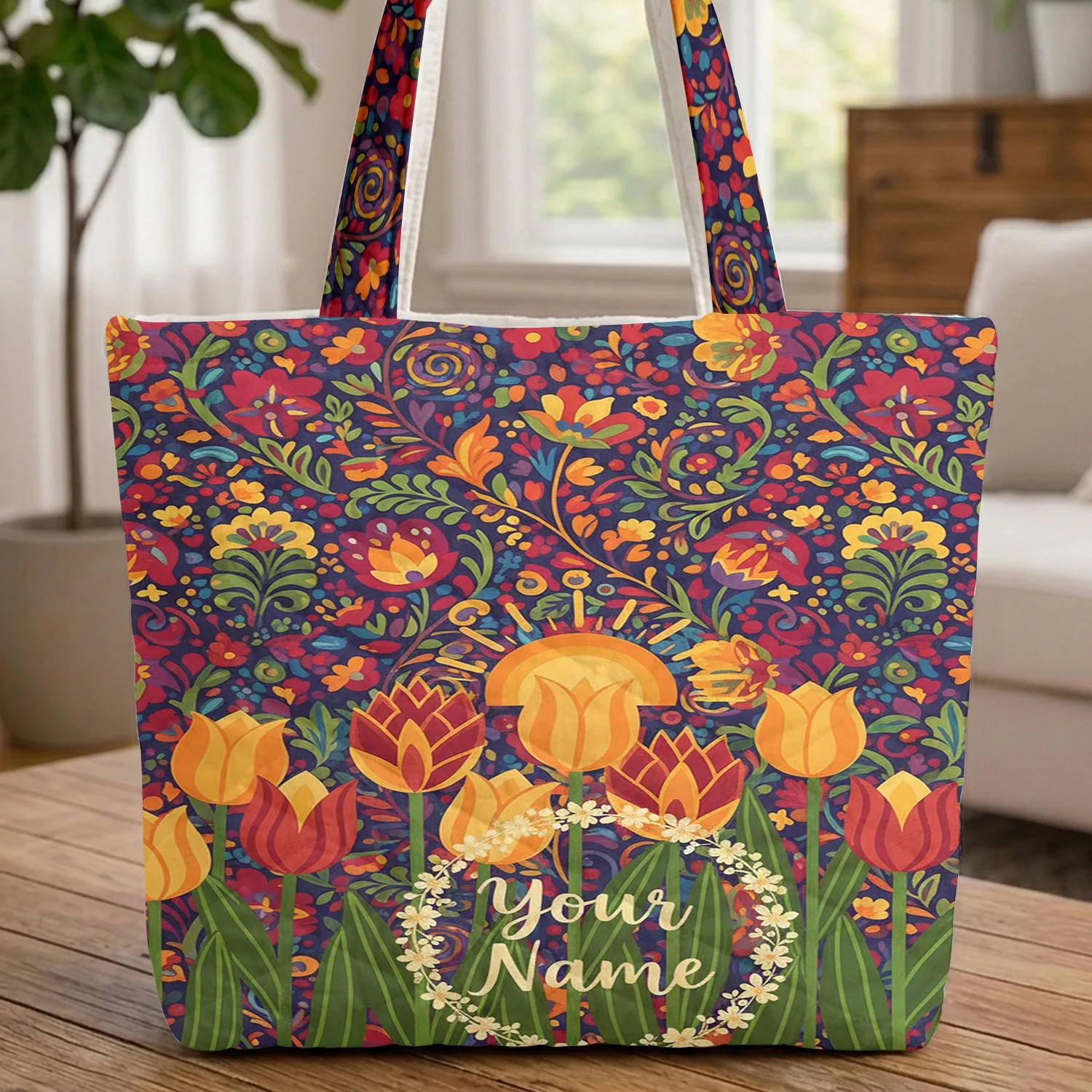 Floral Berries Vines Tulip Sun Wreath Personalized - Everyday Carry Gift Quilted Tote Bag - 1