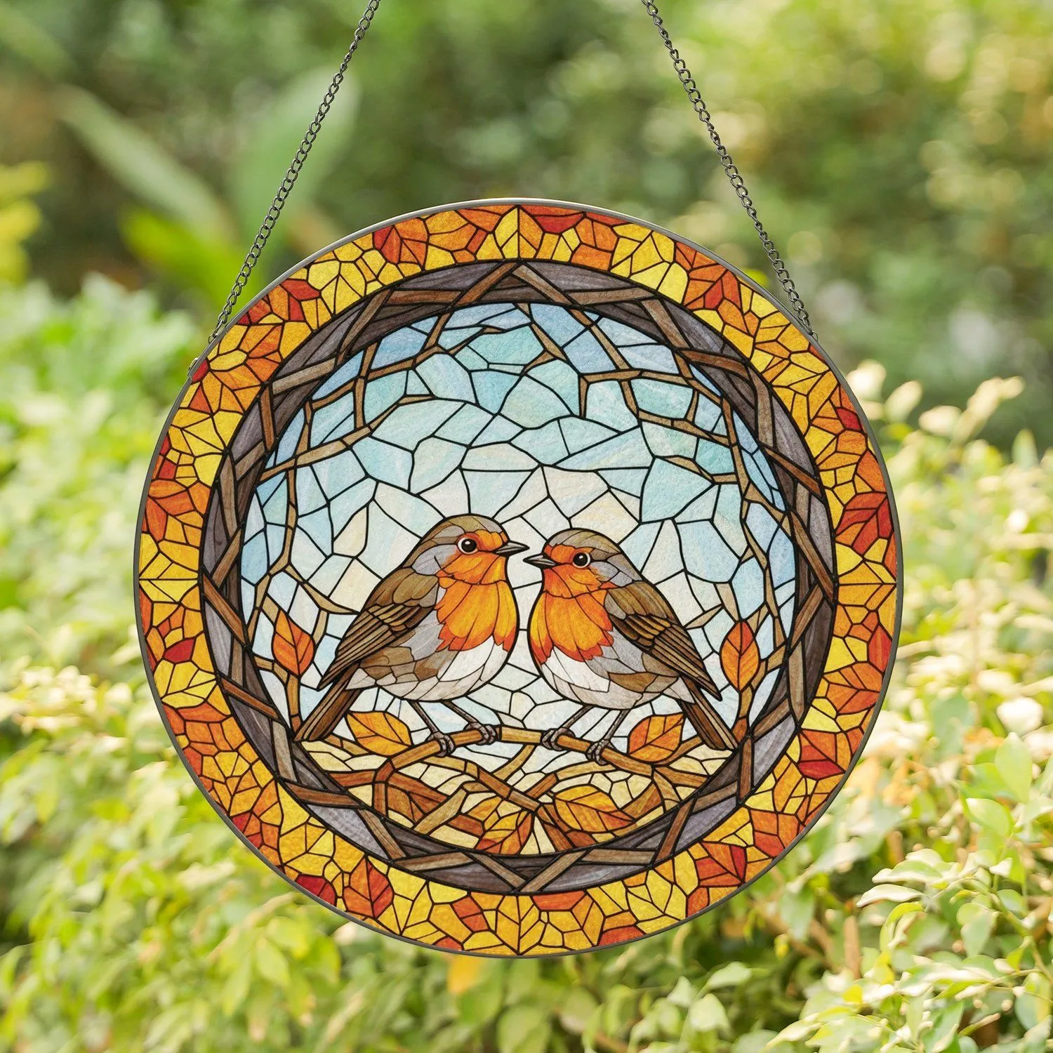 European Robins Perched Nest Autumn Leaves - Wildlife Lover Home Decor Gift Stained Glass Suncatcher - 1