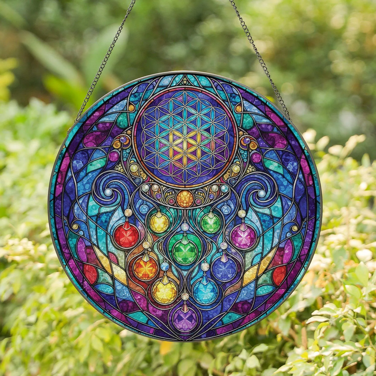 Stained Glass Flower of Life Crystal Ball Rainbow Light Refraction - Home Decor Gift Stained Glass Suncatcher - 1