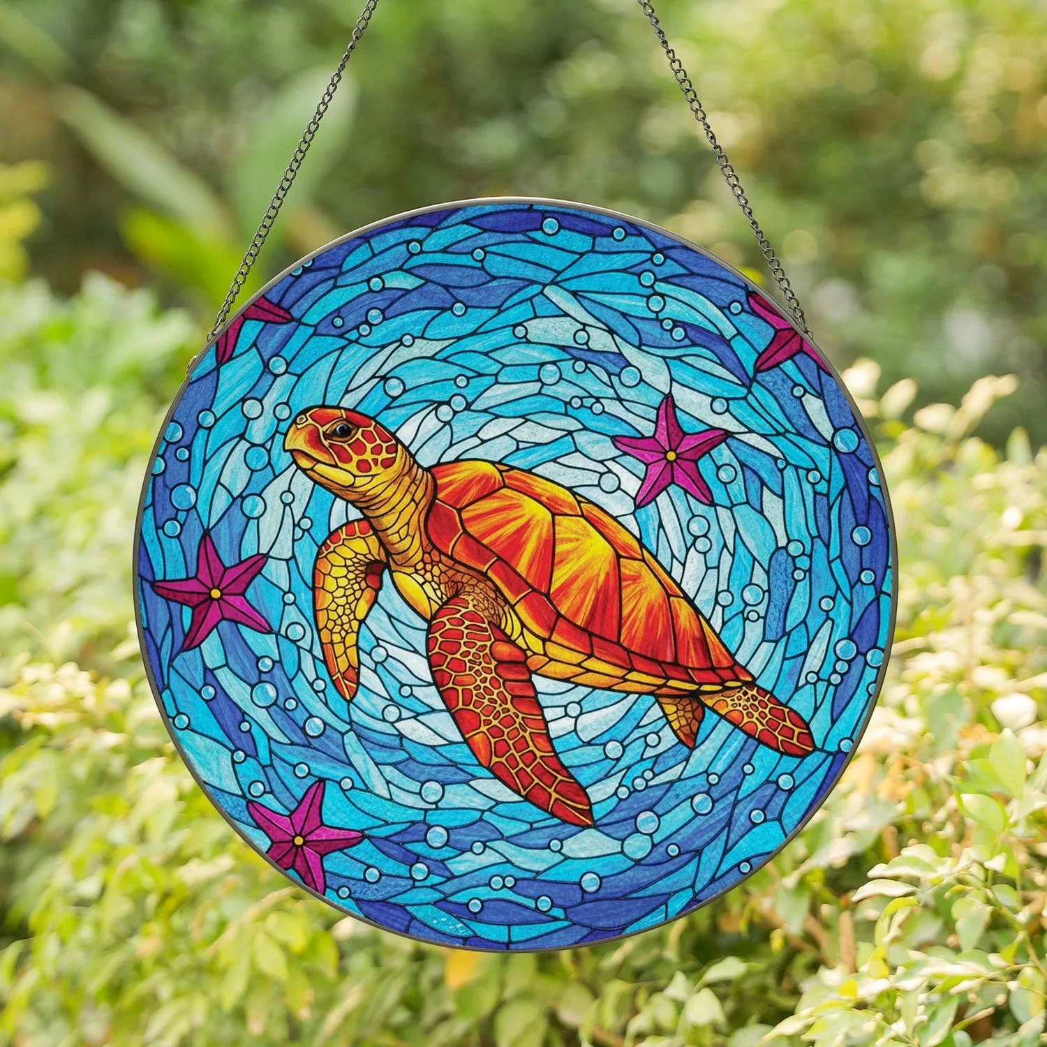 Sea Turtle Starfish Underwater Seascape - Home Decor Gift for Turtle Lover Stained Glass Suncatcher - 1