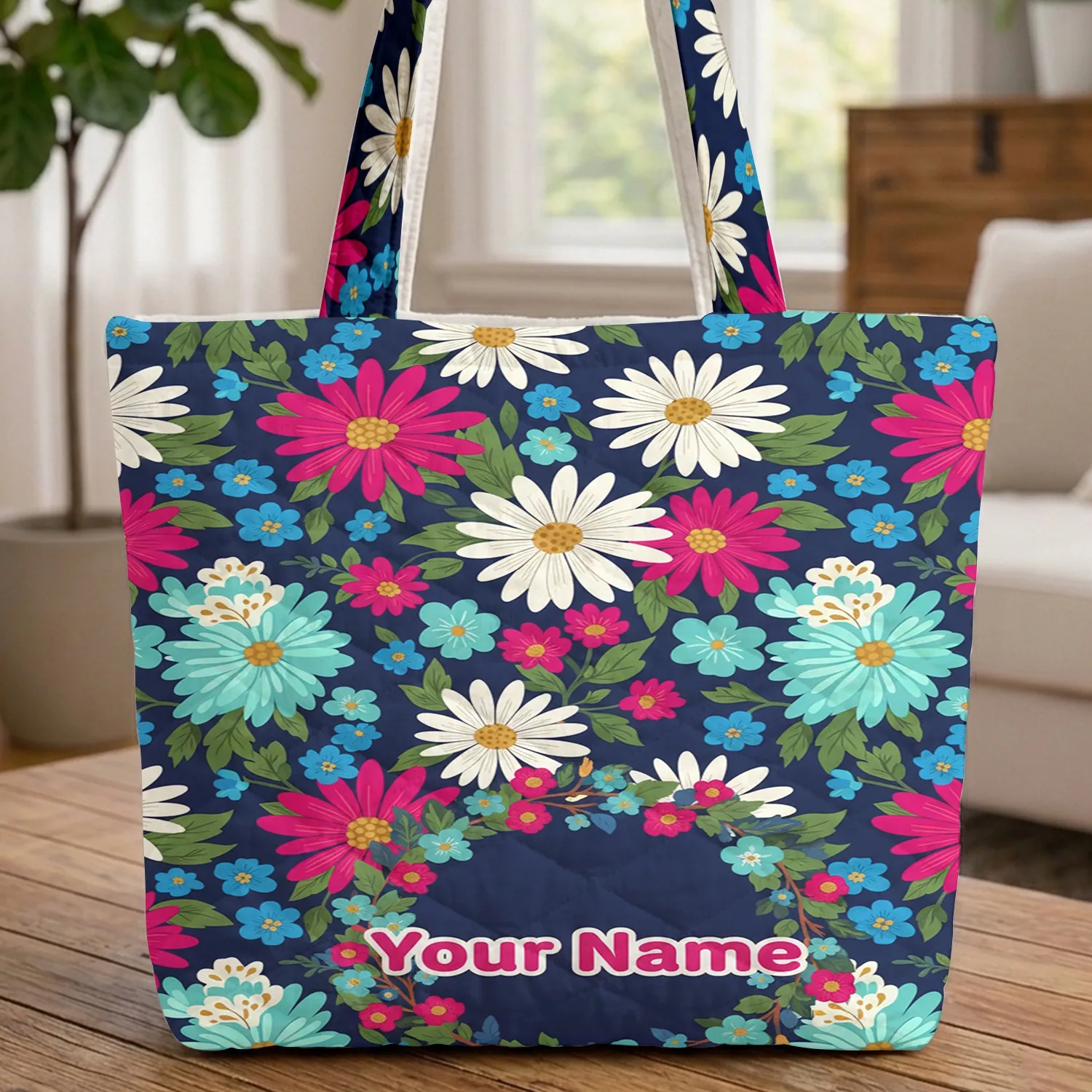 Daisy Flowers Botanical Wreath Floral Clusters - Everyday Carry Gift Quilted Tote Bag - 1