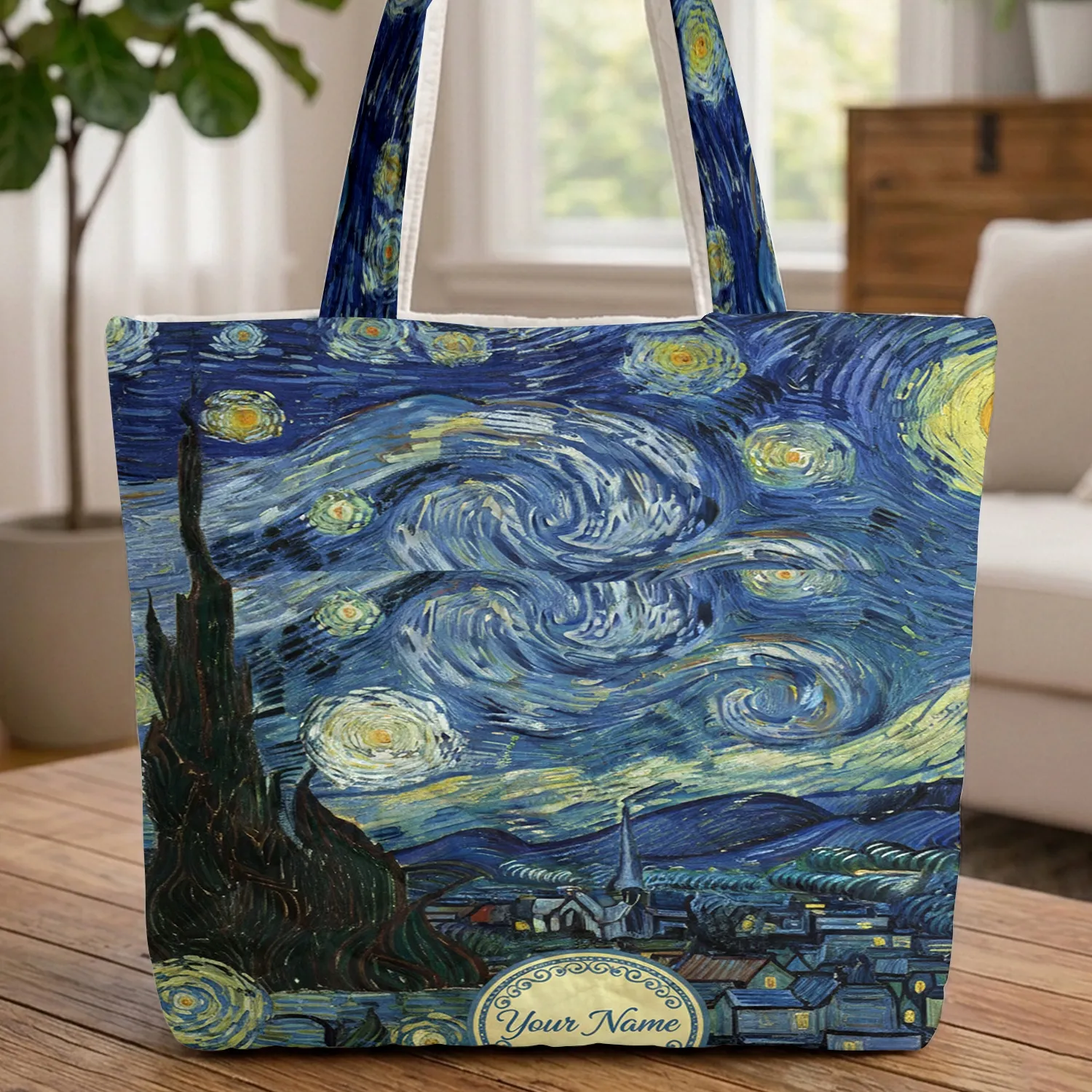 Starry Night Village Cypress Landscape Swirling Stars - Travel Essentials Art Lover Gift Quilted Tote Bag - 1