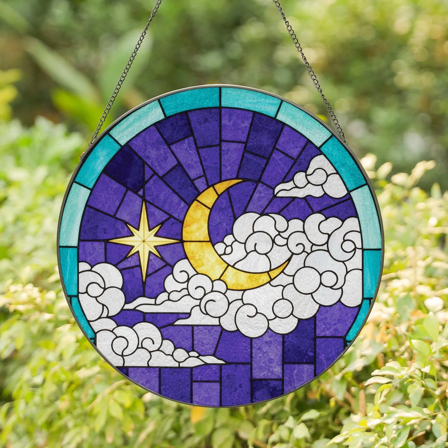 Golden Crescent Moon Star Flowing Clouds Violet Night Sky Teal Aqua Border Home Decor Gift Stained Glass Suncatcher - 1