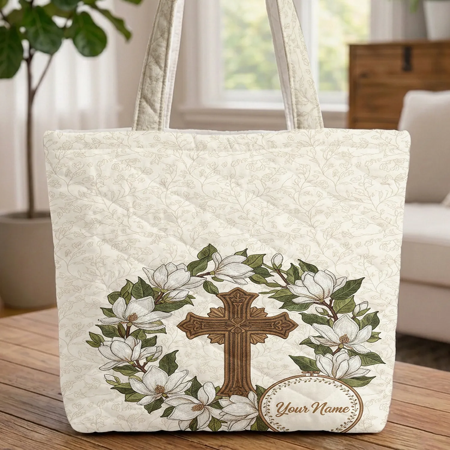 Ornate Wooden Cross Magnolia Wreath Name in Hoop - Faithful Carry Gift Quilted Tote Bag - 1