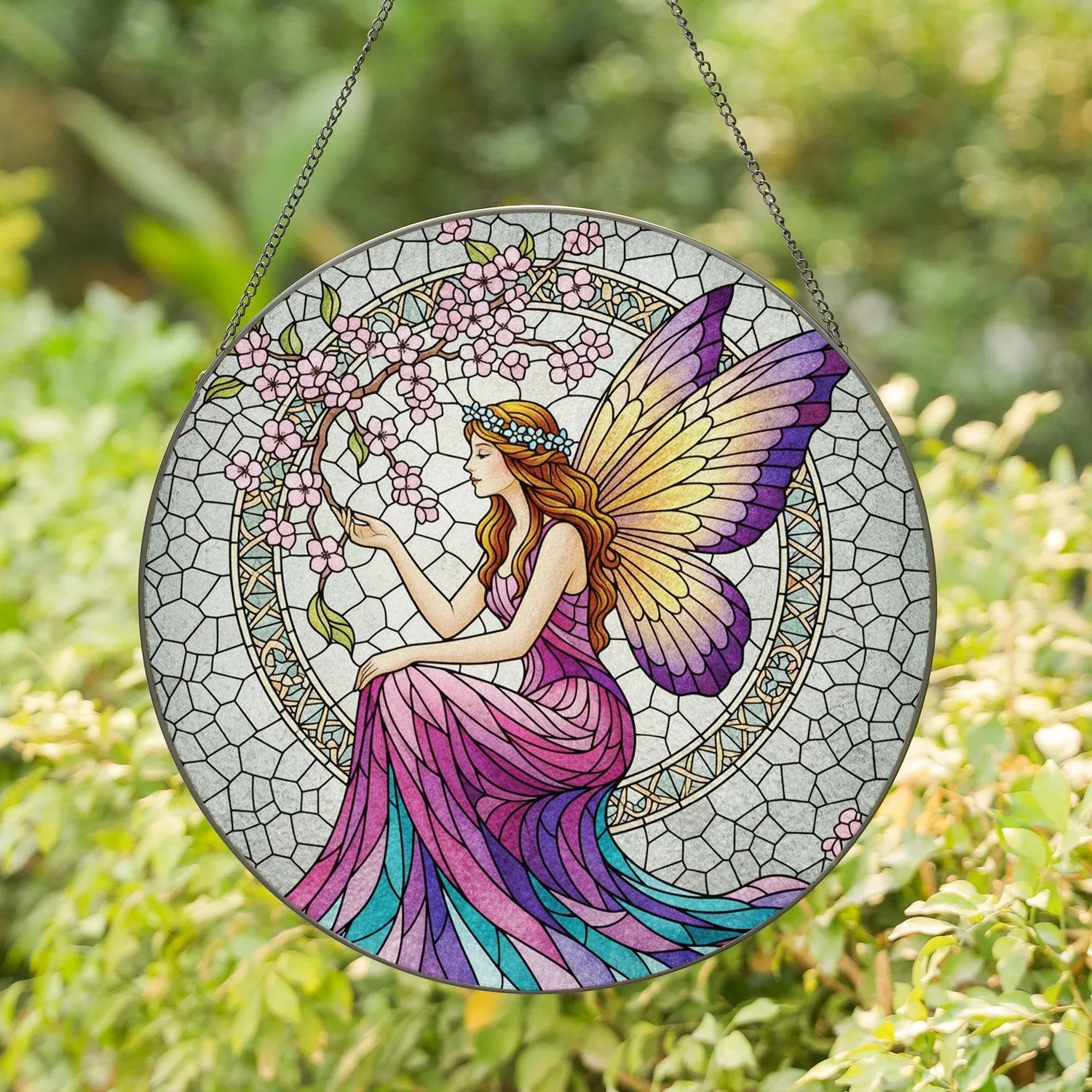 Fairy Woman Butterfly Wings Cherry Blossom - Home Decor Gift for Fairy Lover Stained Glass Suncatcher - 1