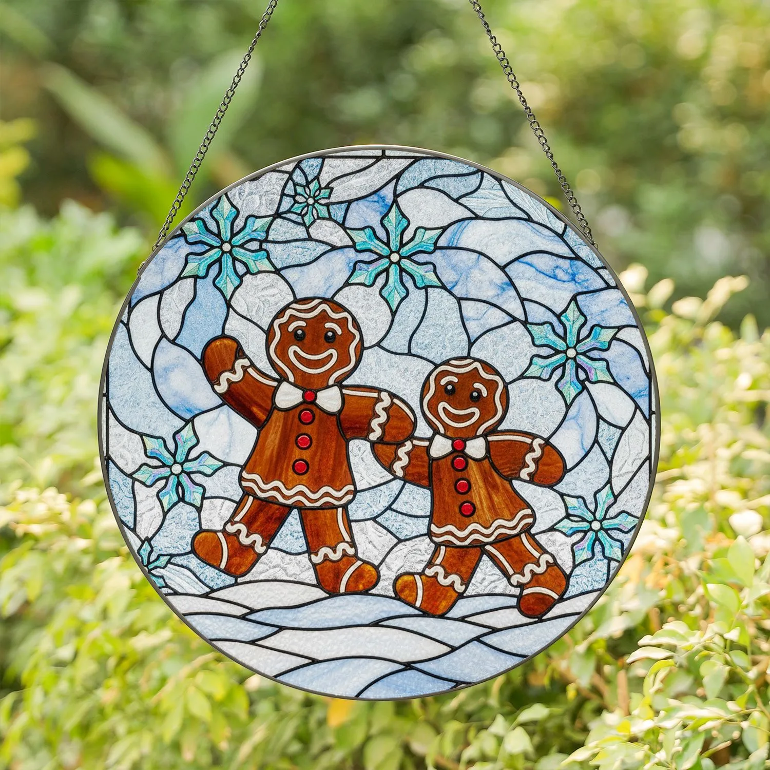 Gingerbread Men Iridescent Snowflakes Ice Drifts Crisp Winter Sky Christmas Decor Stained Glass Suncatcher - 1