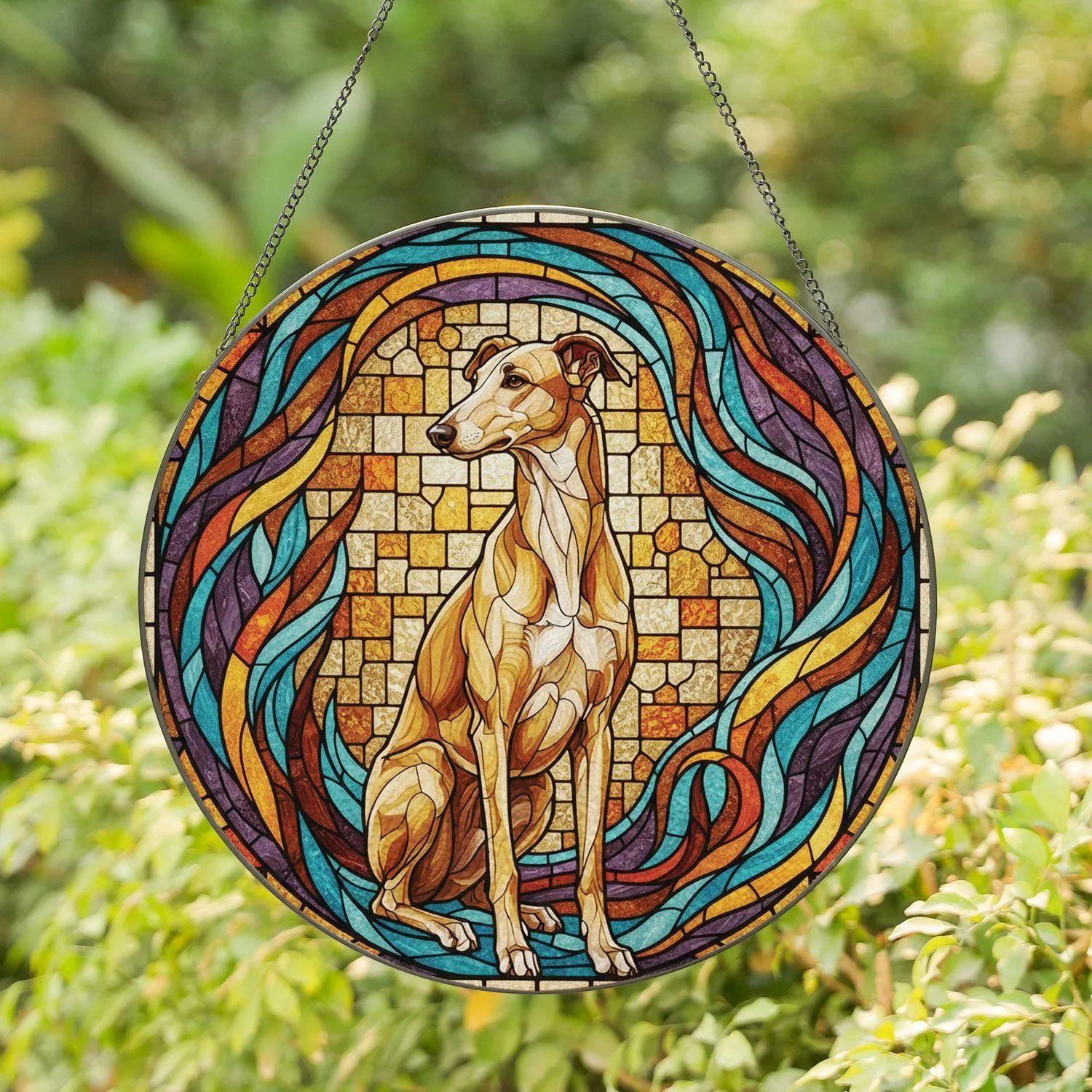 Stained Glass Fawn Greyhound Dog Mosaic - Window Home Decor Gift for Greyhound Lover Stained Glass Suncatcher - 1