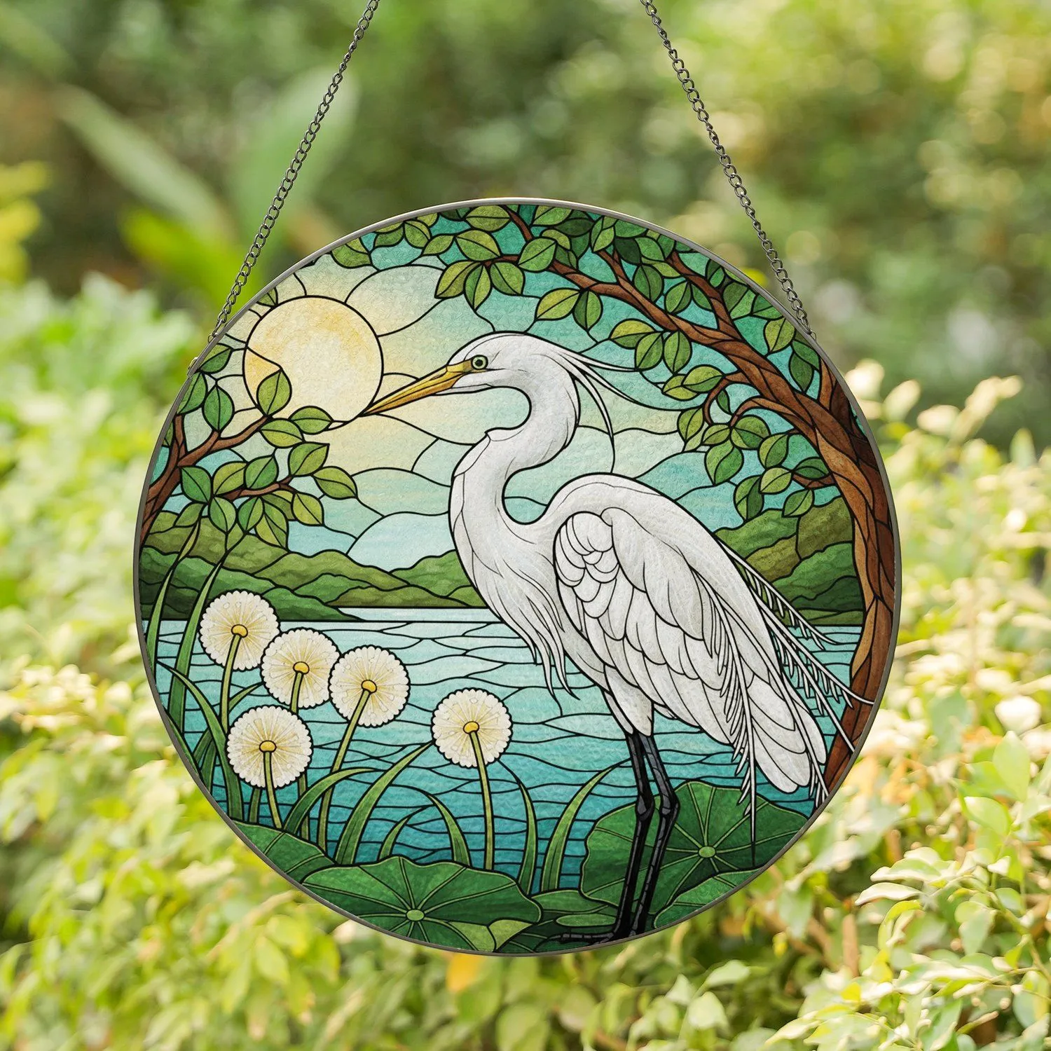 Great White Egret Dandelion Moon - Home Decor Wildlife Gift Stained Glass Suncatcher - 1