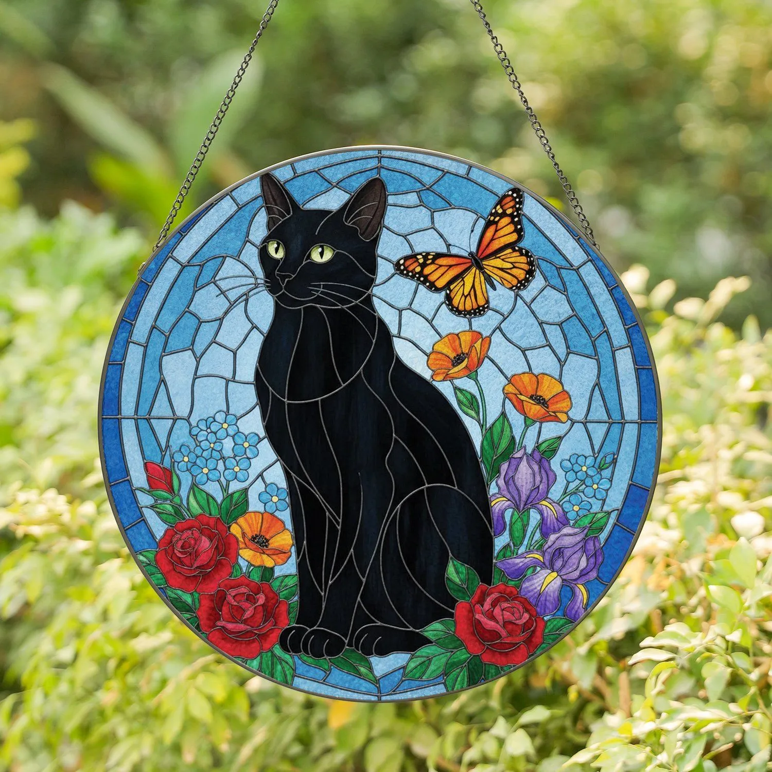Black Cat Monarch Butterfly Blooming Flowers - Home Decor Gift for Cat Lover Stained Glass Suncatcher - 1