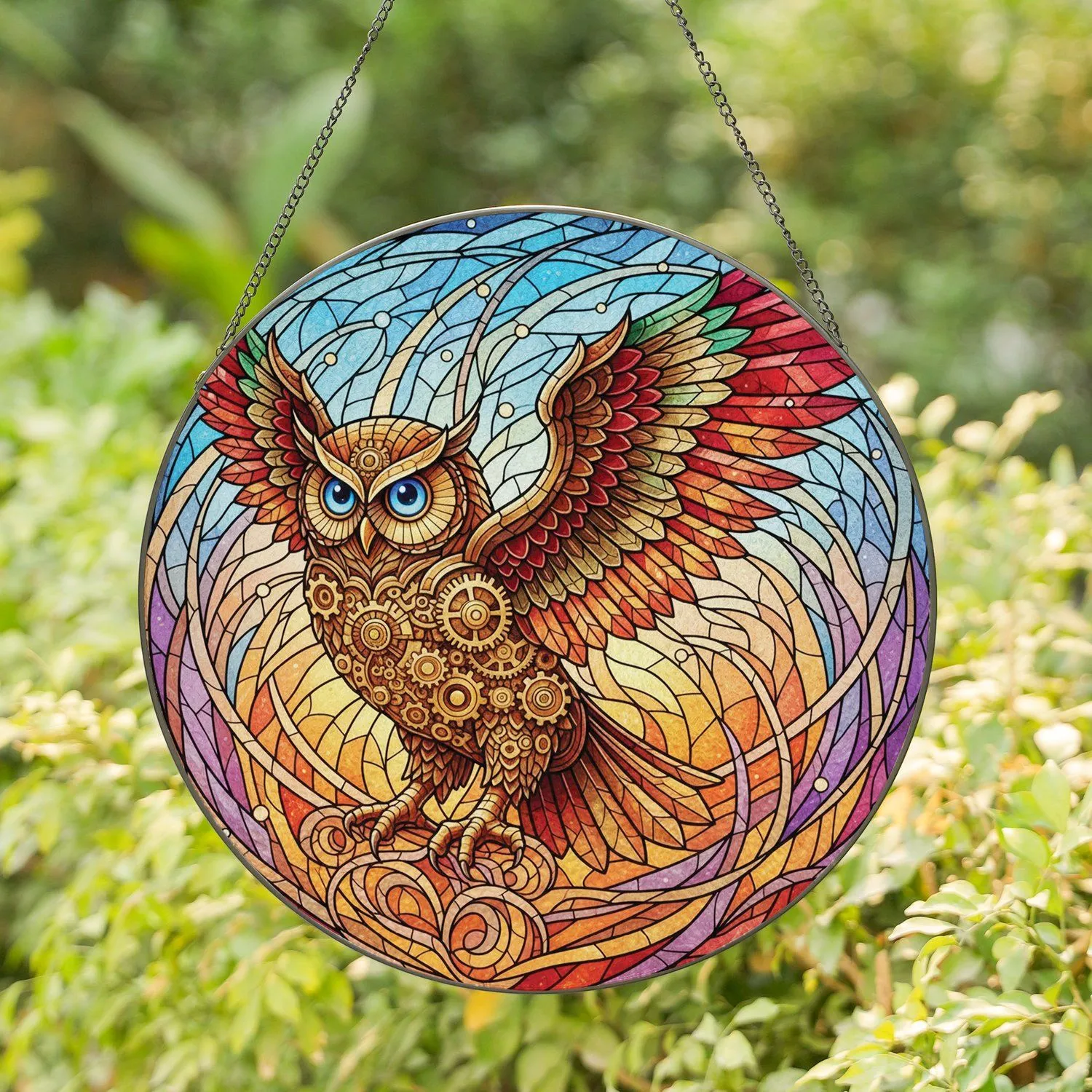 Steampunk Owl Glowing Gears Abstract Sky Mosaic Home Decor Gift for Owl Lover Stained Glass Suncatcher - 1