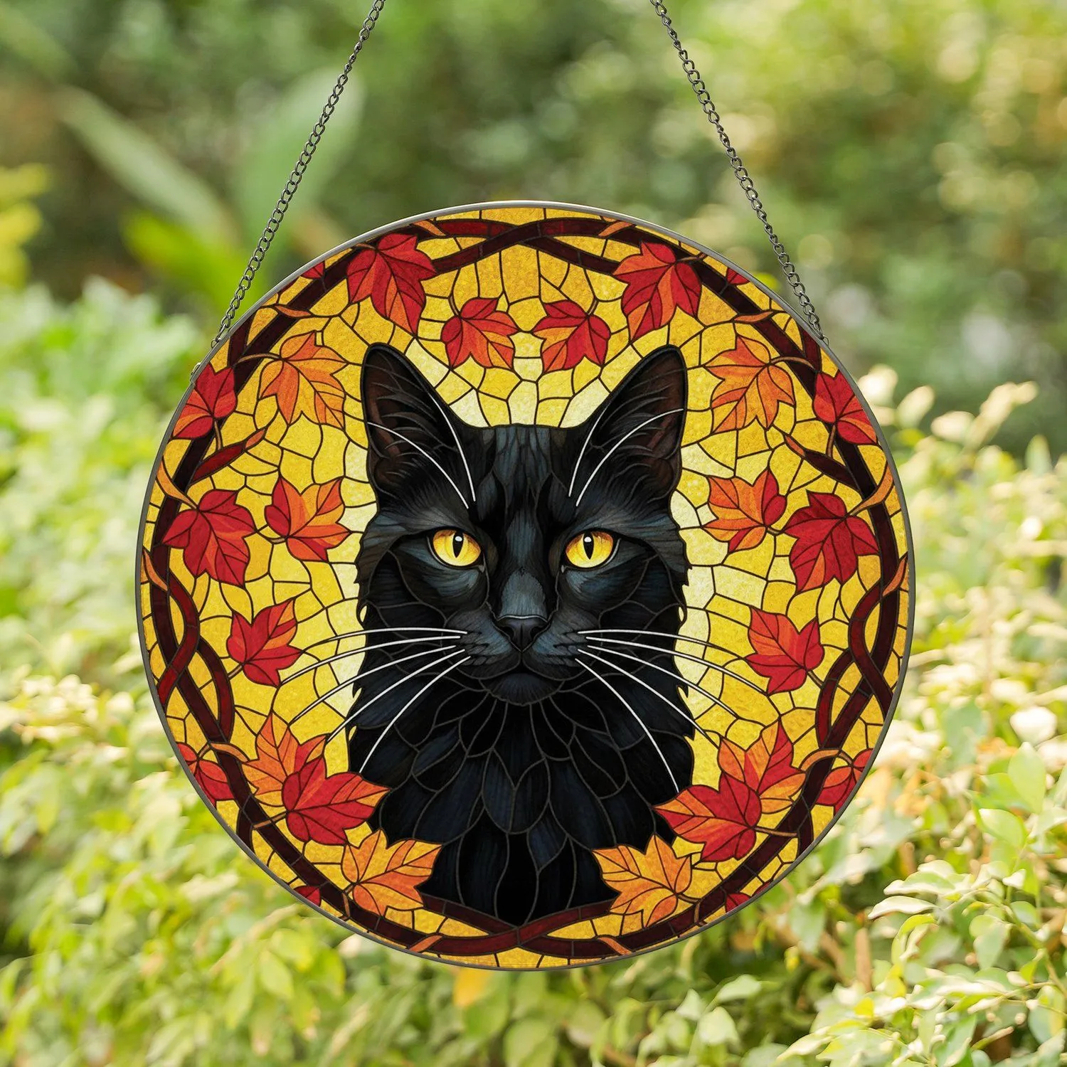 Black Cat Golden Eye Autumn Leaves - Cat Lover Home Decor Gift Stained Glass Suncatcher - 1
