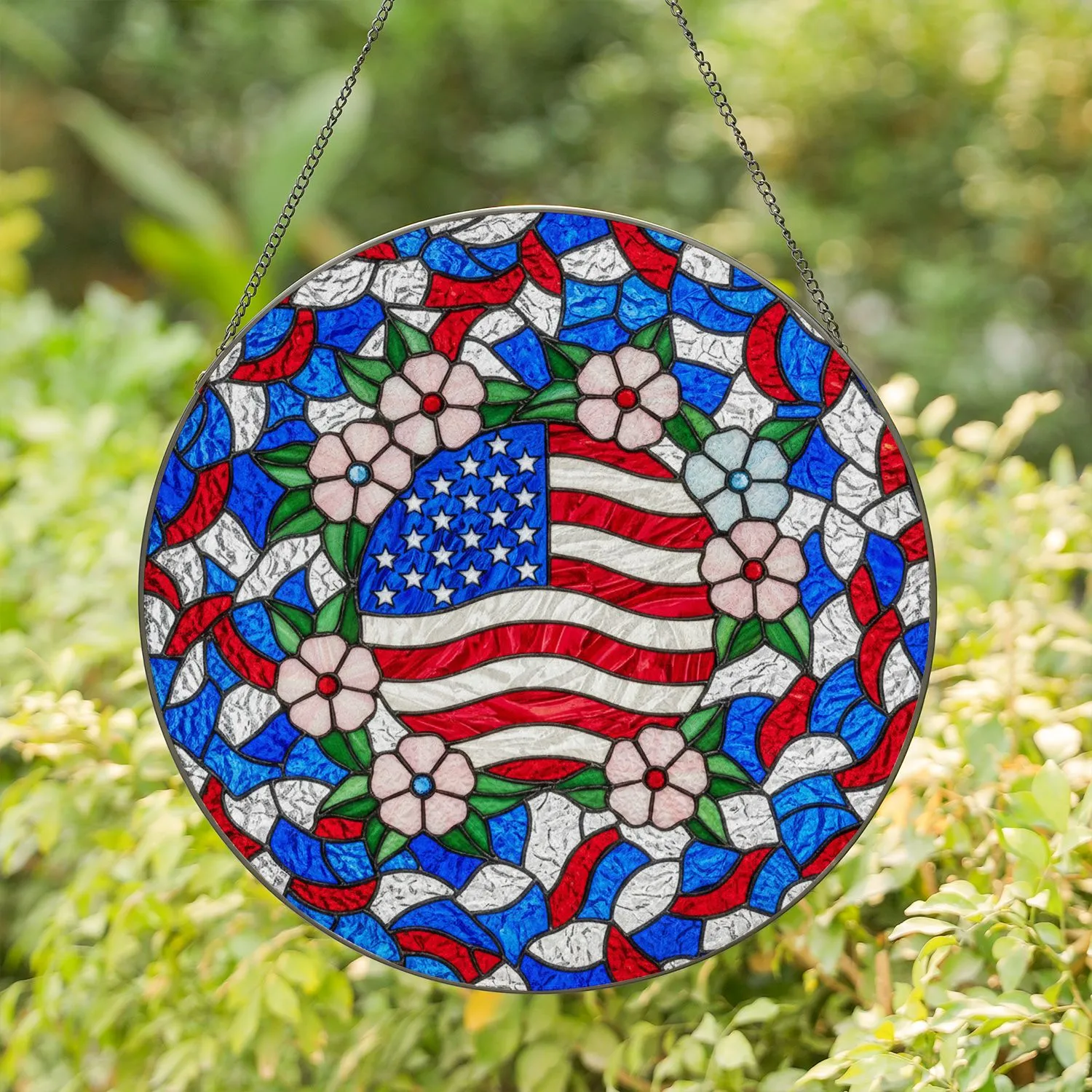 American Flag Red White Blue Stained Glass Flowers - Patriotic Home Decor Gift Stained Glass Suncatcher - 1