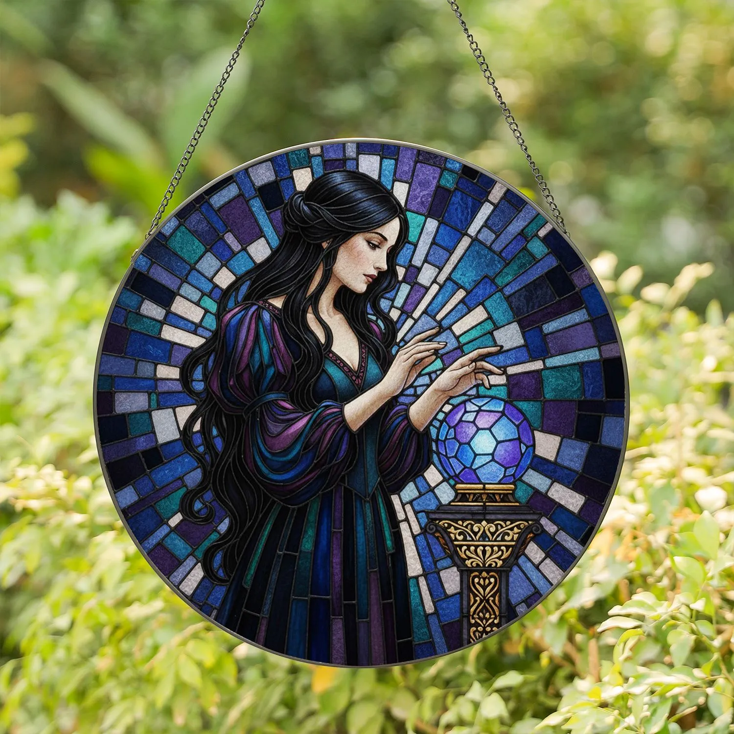 Regal Dark-Haired Woman Crystal Ball Ornate Pedestal Radiant Light - Home Decor Gift Stained Glass Suncatcher - 1