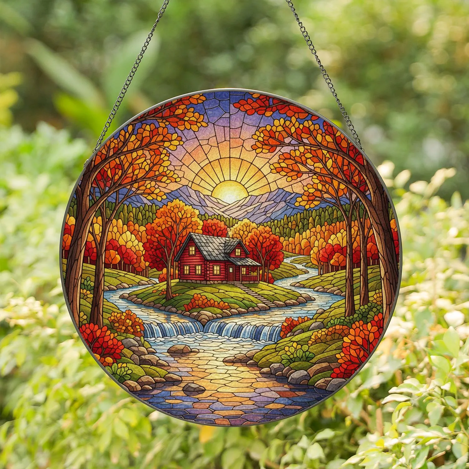 Red Cabin Autumn Forest Waterfalls Stream Mountains Sunset - Nature Lover Home Decor Gift Stained Glass Suncatcher - 1