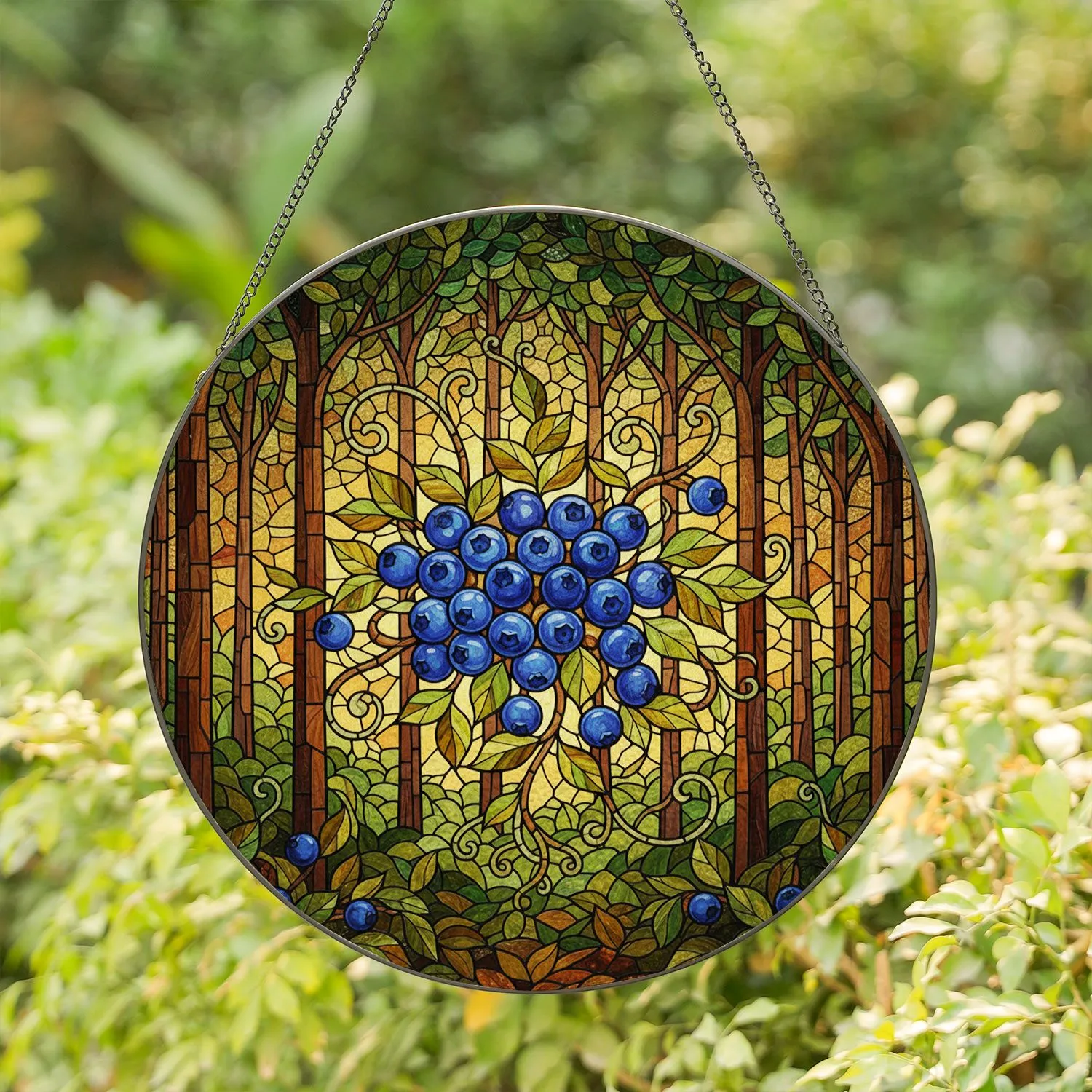 Ripe Blueberry Leaf Branch Tall Trees Sun-Drenched Forest - Home Decor Gift for Nature Lovers Stained Glass Suncatcher - 1