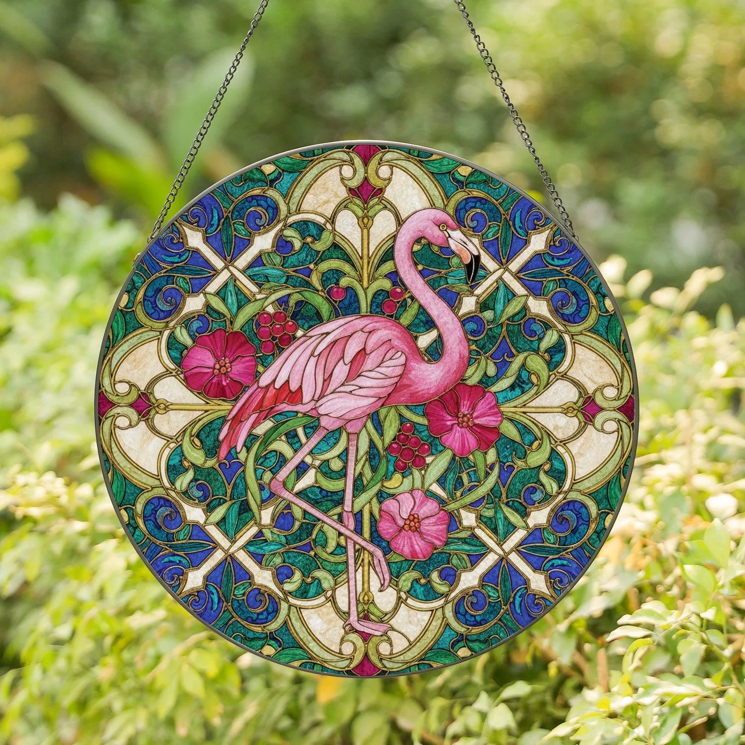 Pink Flamingo Pink Flowers Red Berries Baroque Acanthus Foliage Home Decor Gift Stained Glass Suncatcher - 1