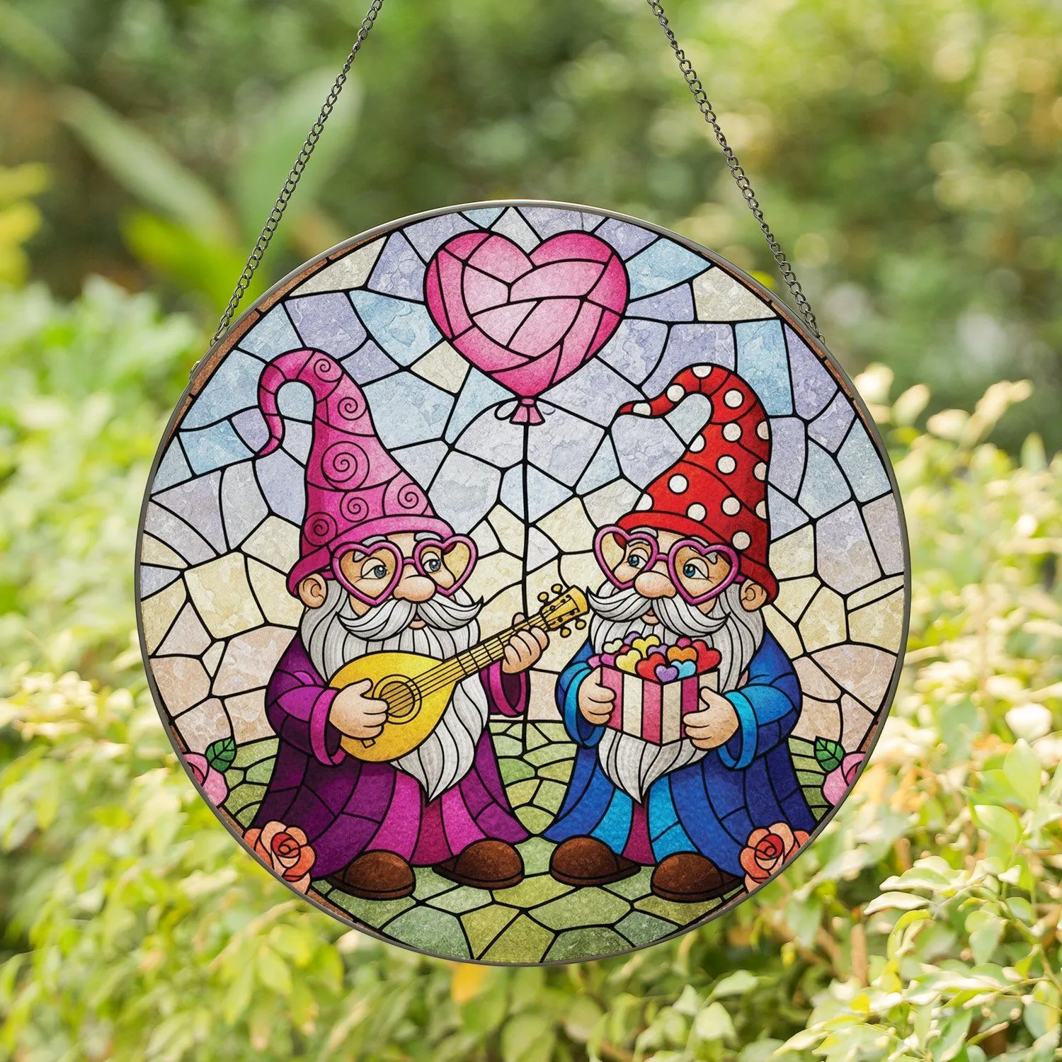 Gnomes Heart Glasses Lute Gift Box Roses - Valentine's Day Gift for Couples Stained Glass Suncatcher - 1