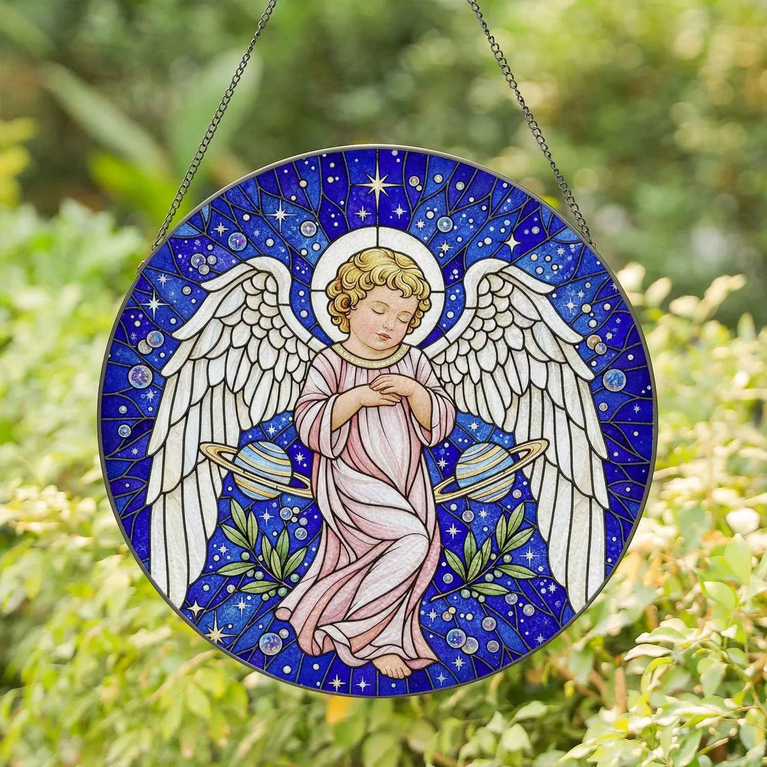 Serene Baby White Wings Celestial Planets Olive Branches - Celestial Home Decor Gift Stained Glass Suncatcher - 1