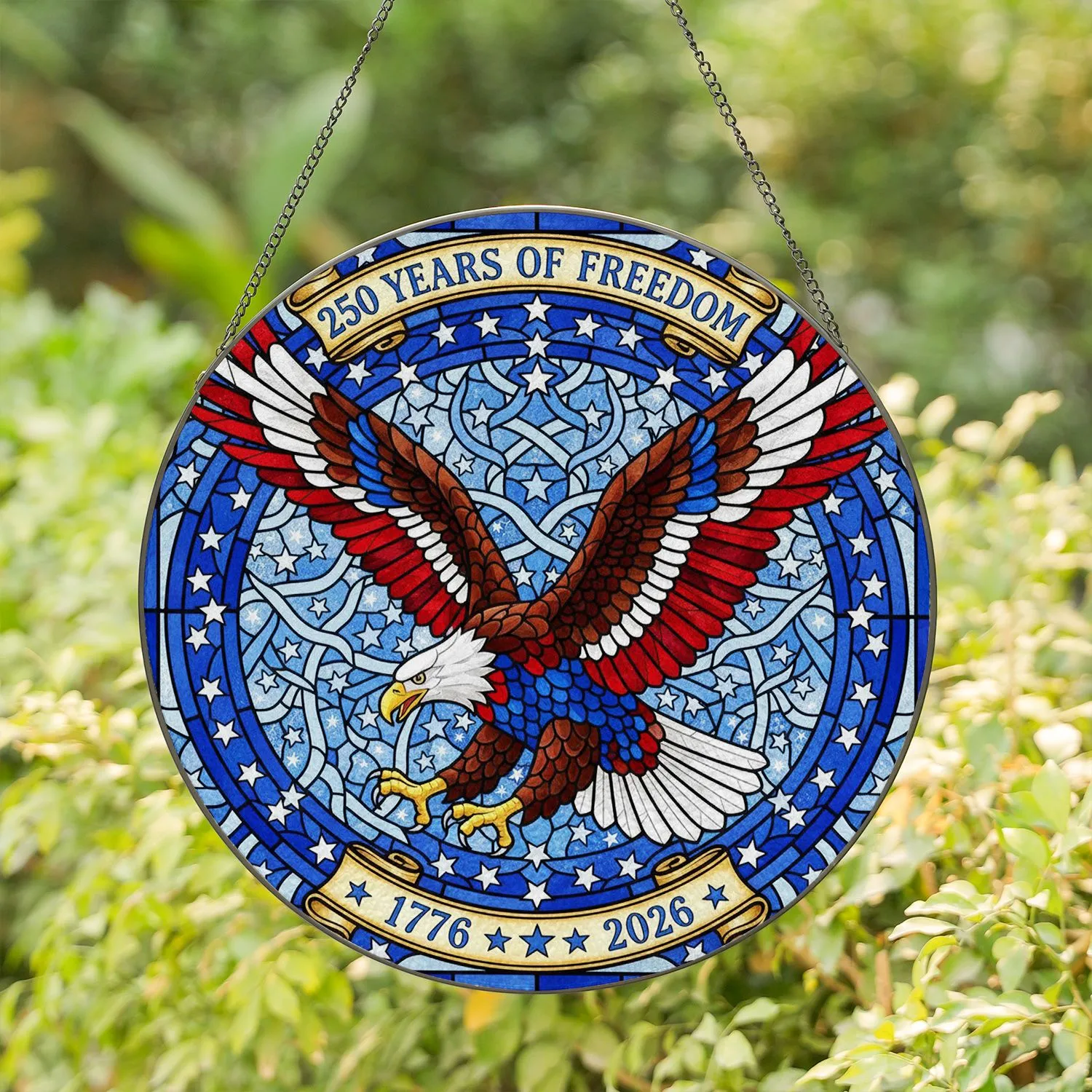 Bald Eagle American Flag 1776-2026 - USA 250th Anniversary Independence Day for Veterans Stained Glass Suncatcher - 1