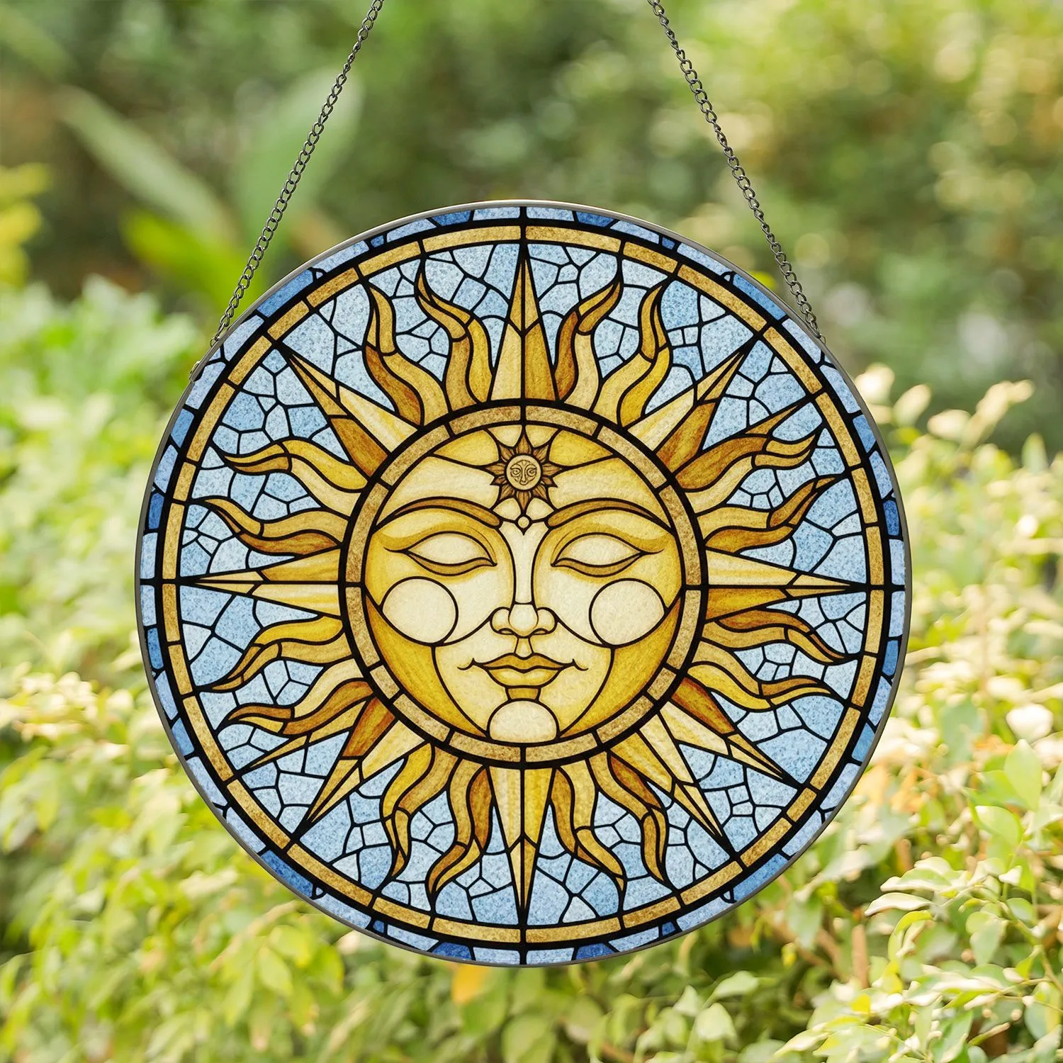 Ornate Sun Deity Face Golden Rays Ethereal Sky Circular Frame Home Decor Gift Stained Glass Suncatcher - 1