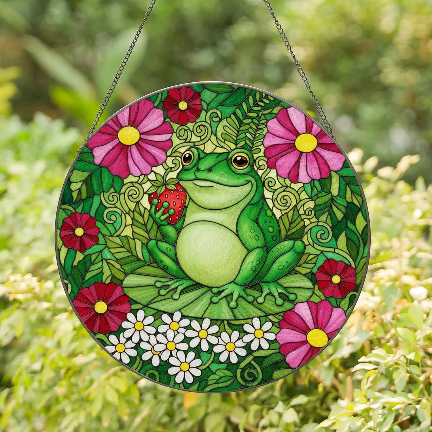 Plump Green Frog Strawberry Fuchsia Daisy Flowers Botanical - Home Decor Gift for Nature Lover Stained Glass Suncatcher - 1