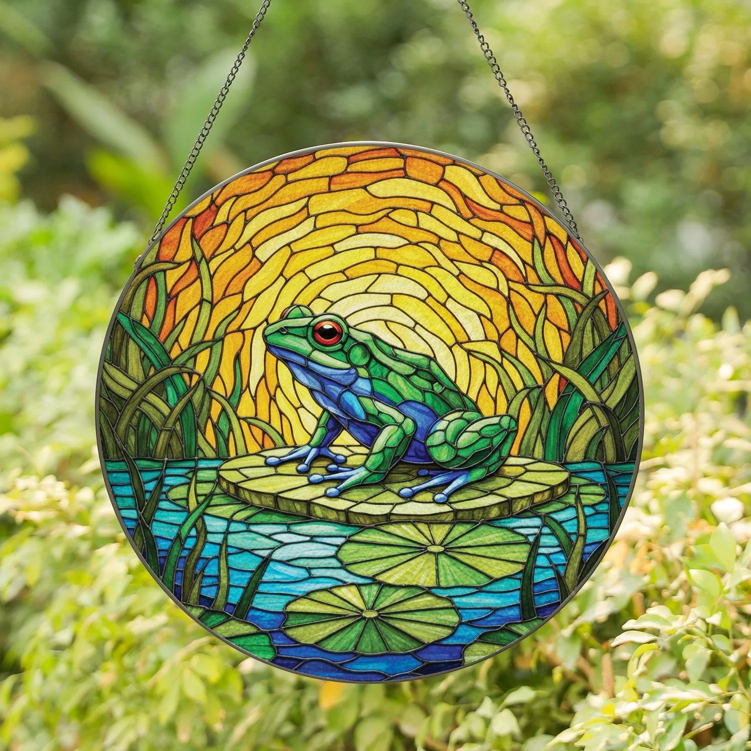 Red Eye Frog Lily Pad Water Landscape - Wildlife Lover Home Decor Gift Stained Glass Suncatcher - 1