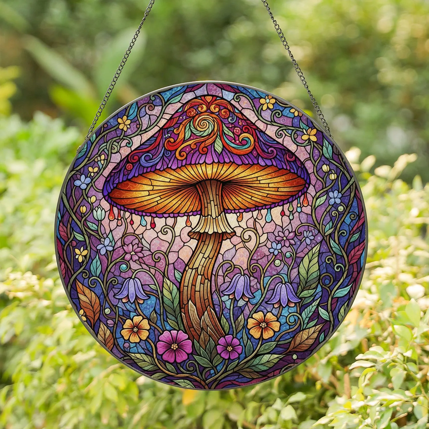 Glowing Fantasy Mushroom Bell Flowers Tiffany Glass - Enchanted Forest Home Decor Gift Stained Glass Suncatcher - 1