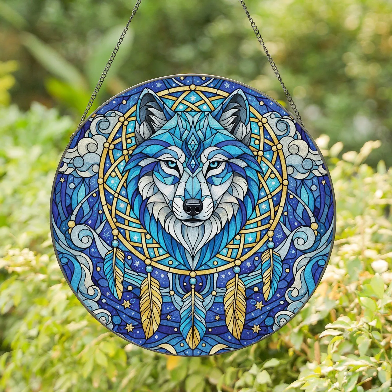 Wolf Head Dreamcatcher Blue Jewel Feather Mosaic – Wildlife Lover Home Decor Gift Stained Glass Suncatcher - 1