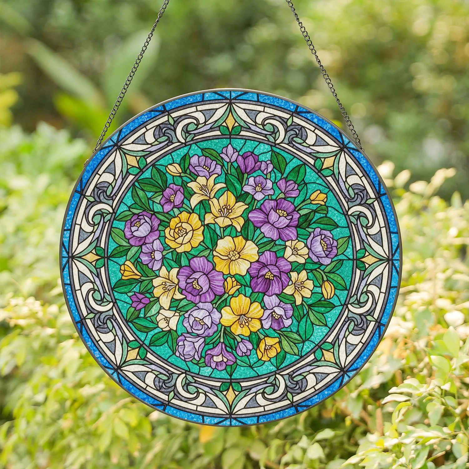 Circular Flower Bouquet Ornate Scrolled Frame - Home Decor Gift Stained Glass Suncatcher - 1