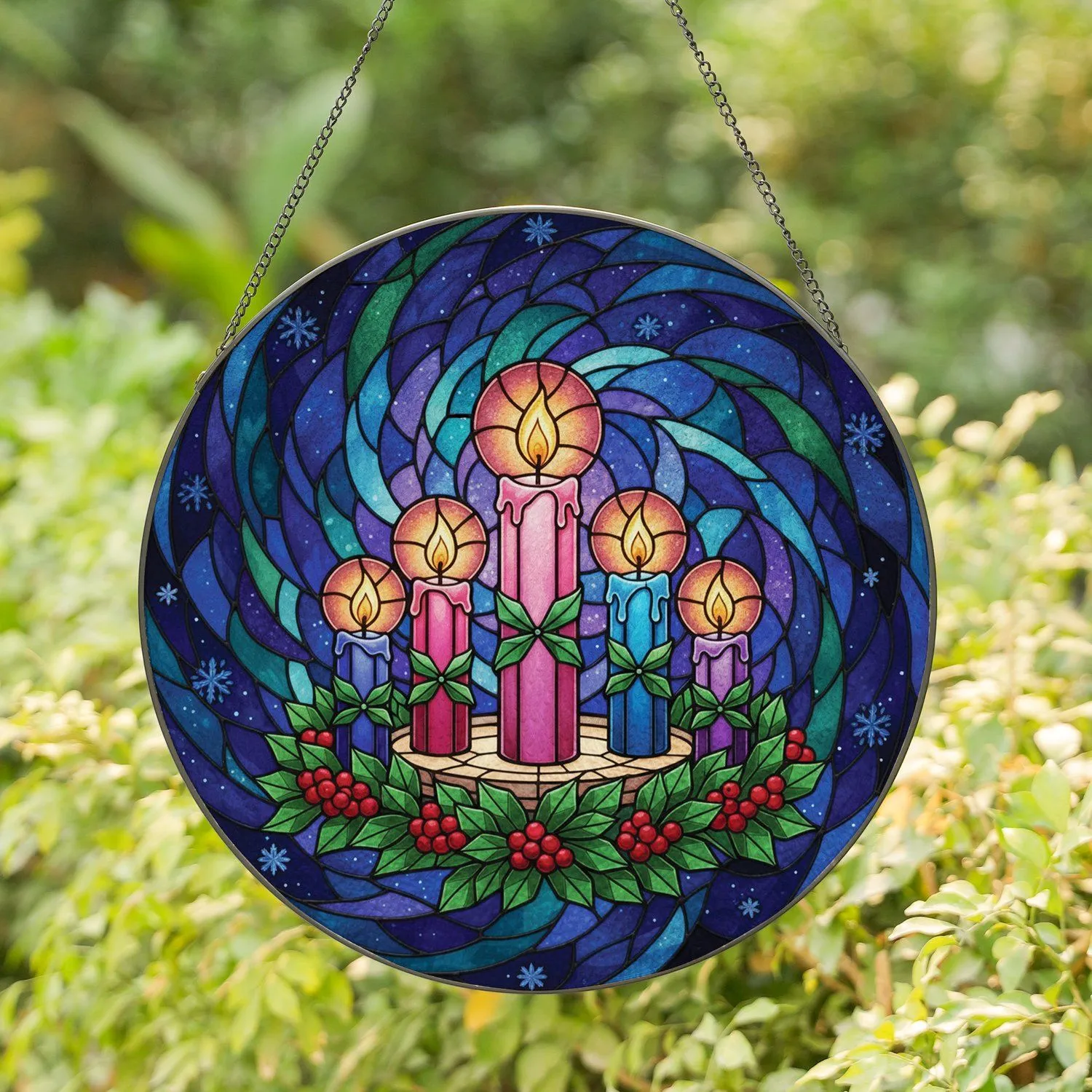 Advent Candles Wreath Flickering Flame Winter Sky Mosaic - Holiday Home Decor Gift for Advent Season Stained Glass Suncatcher - 1