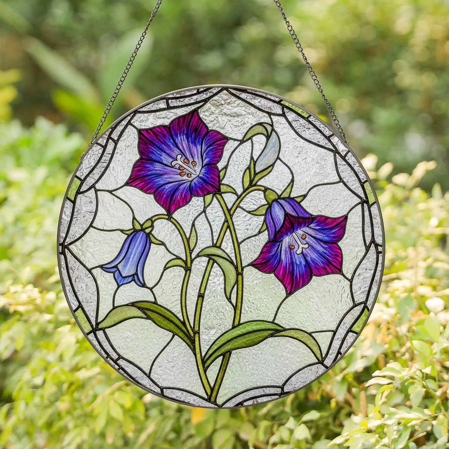 Bellflowers Campanula Stems Leaves Floral Mosaic - Home Decor Gift for Flower Lover Stained Glass Suncatcher - 1