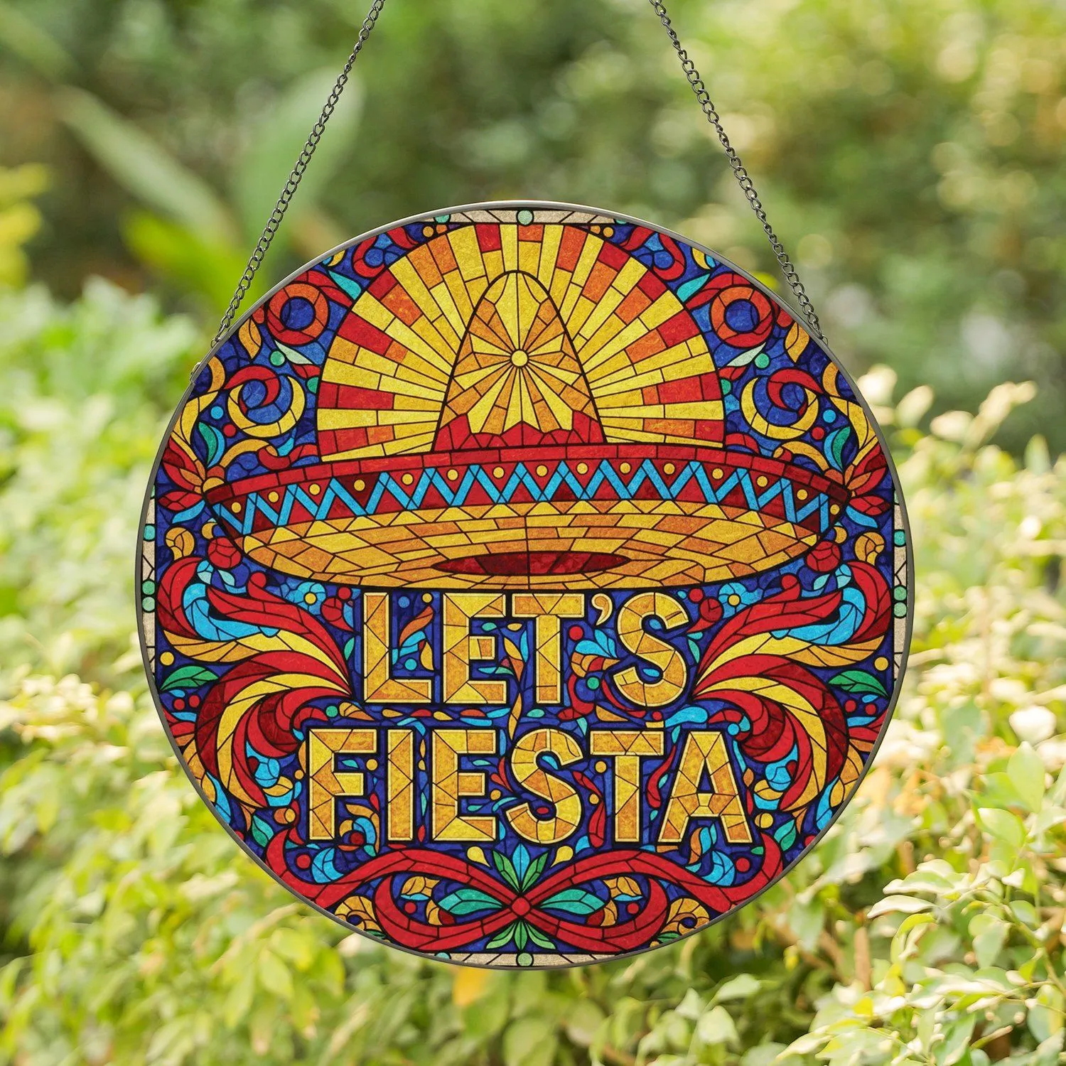 Sombrero Let's Fiesta Plumes Floral Ribbons - Festive Celebration Home Decor Gift Stained Glass Suncatcher - 1