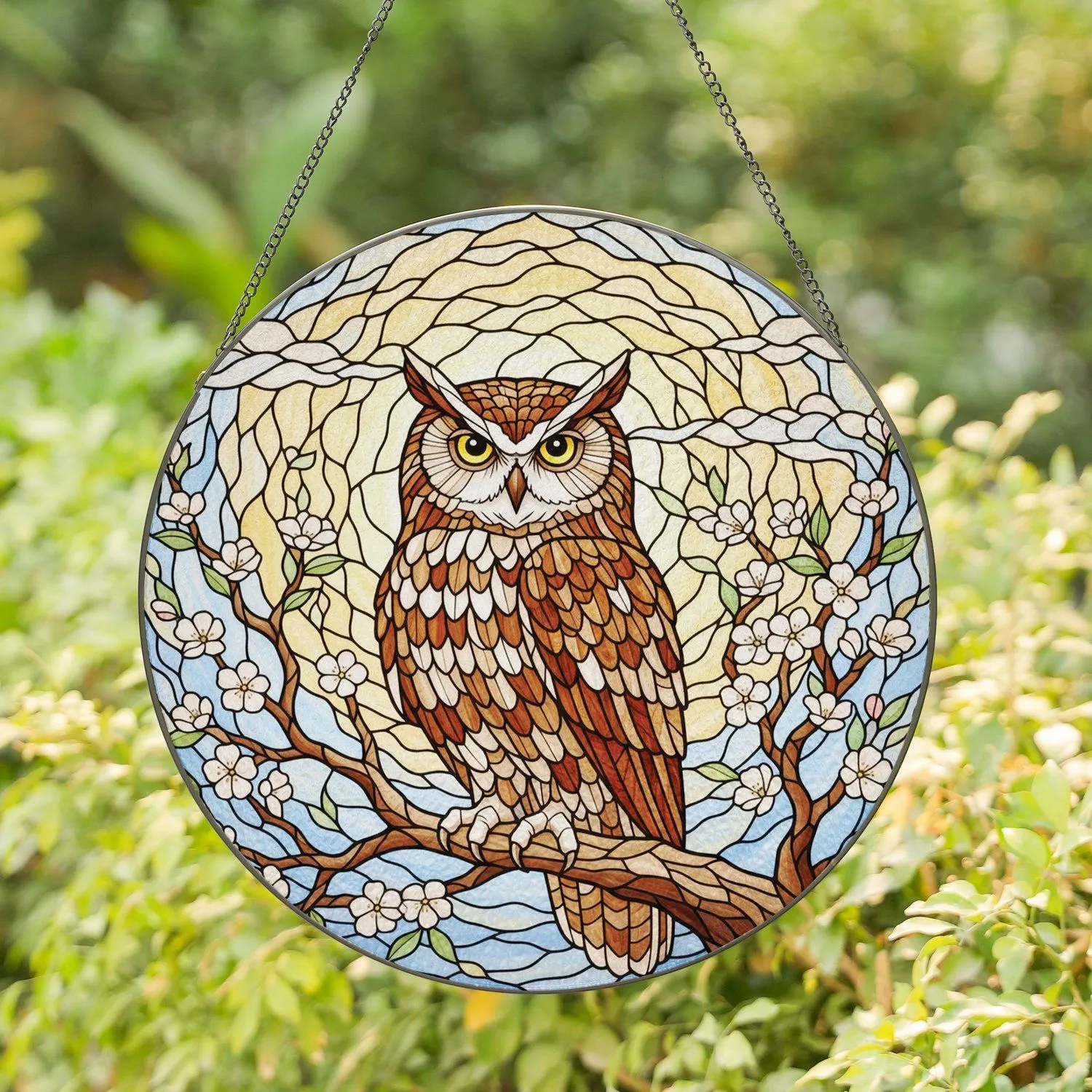 Stained Glass Majestic Owl Translucent Flowering Branches Sky - Home Decor for Nature Lovers Stained Glass Suncatcher - 1