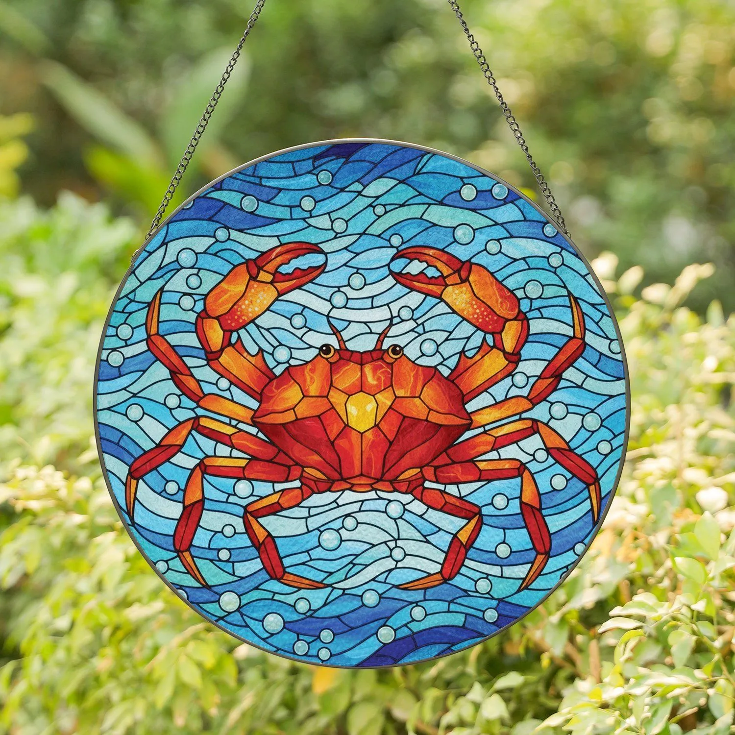 Crab Eight Legs Raised Claws Ocean Currents Bubbles - Home Decor Gift for Ocean Life Lover Stained Glass Suncatcher - 1